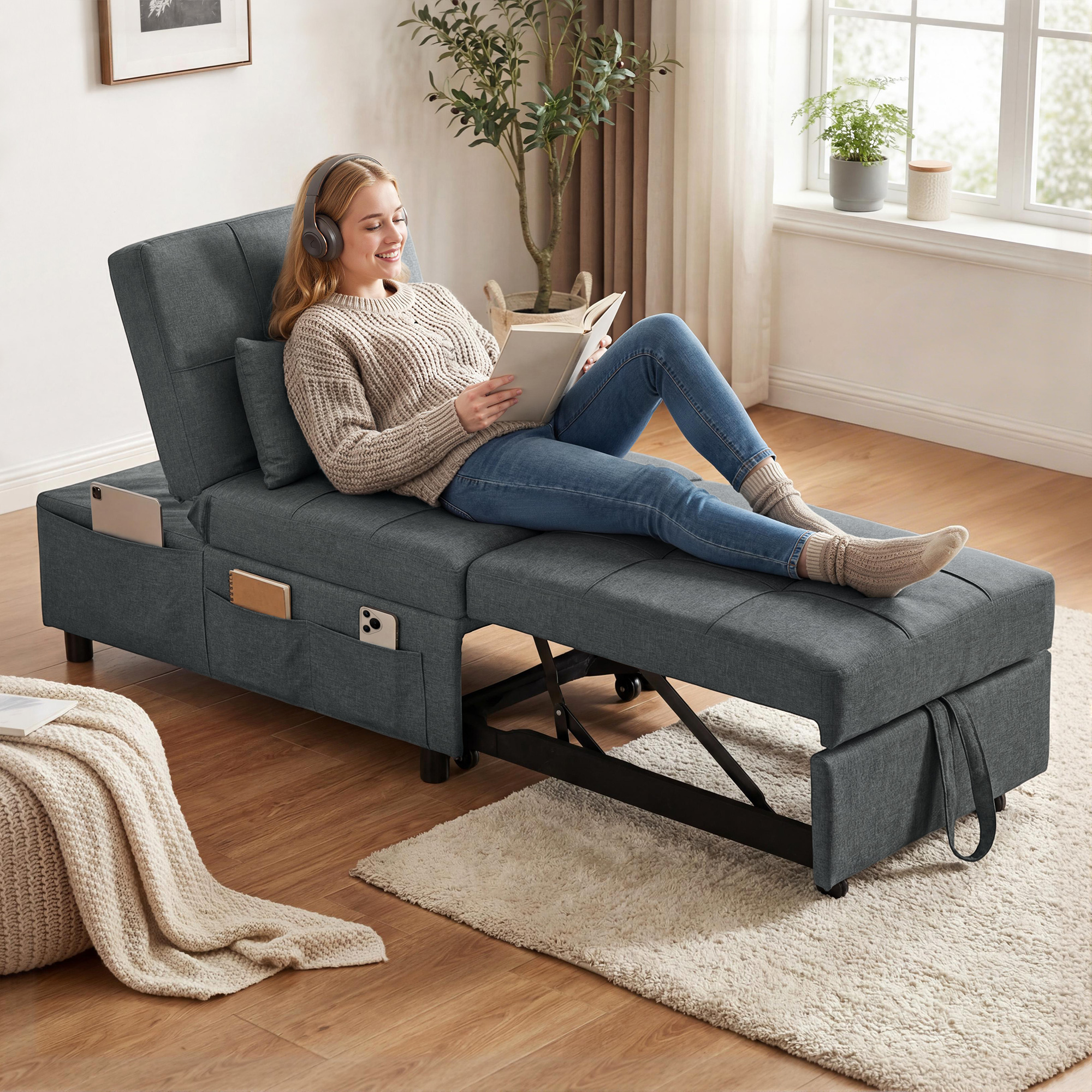4-in-1 atpūtas krēsls ar sānu kabatām, pelēks, 65,5 x 104 x 81 cm - Image 2