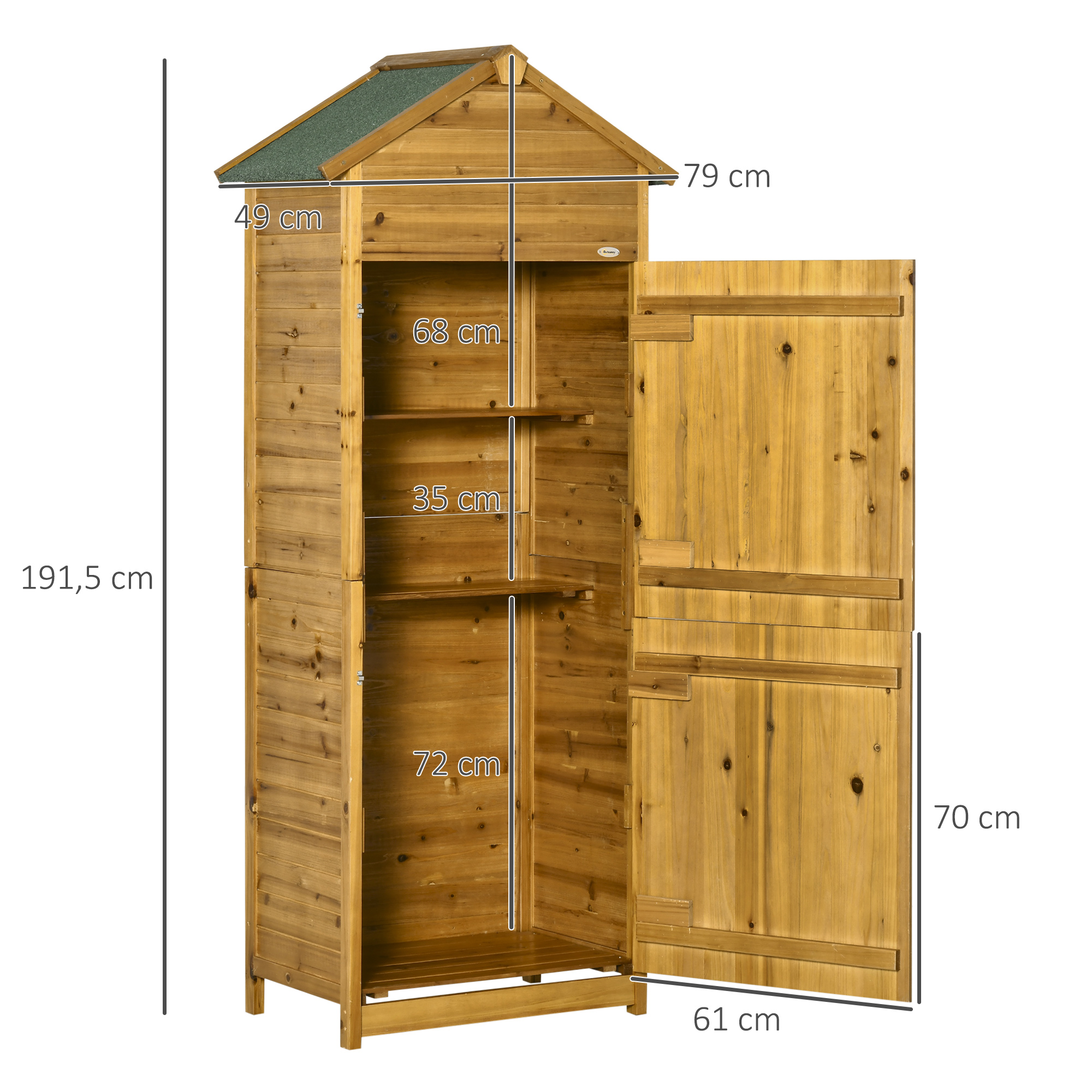 Lauko spintelė įrankiams, sodo sandėliukas, 2 lentynos, 2 durys, natūrali medžio spalva, 79 x 49 x 191,5 cm - Image 3