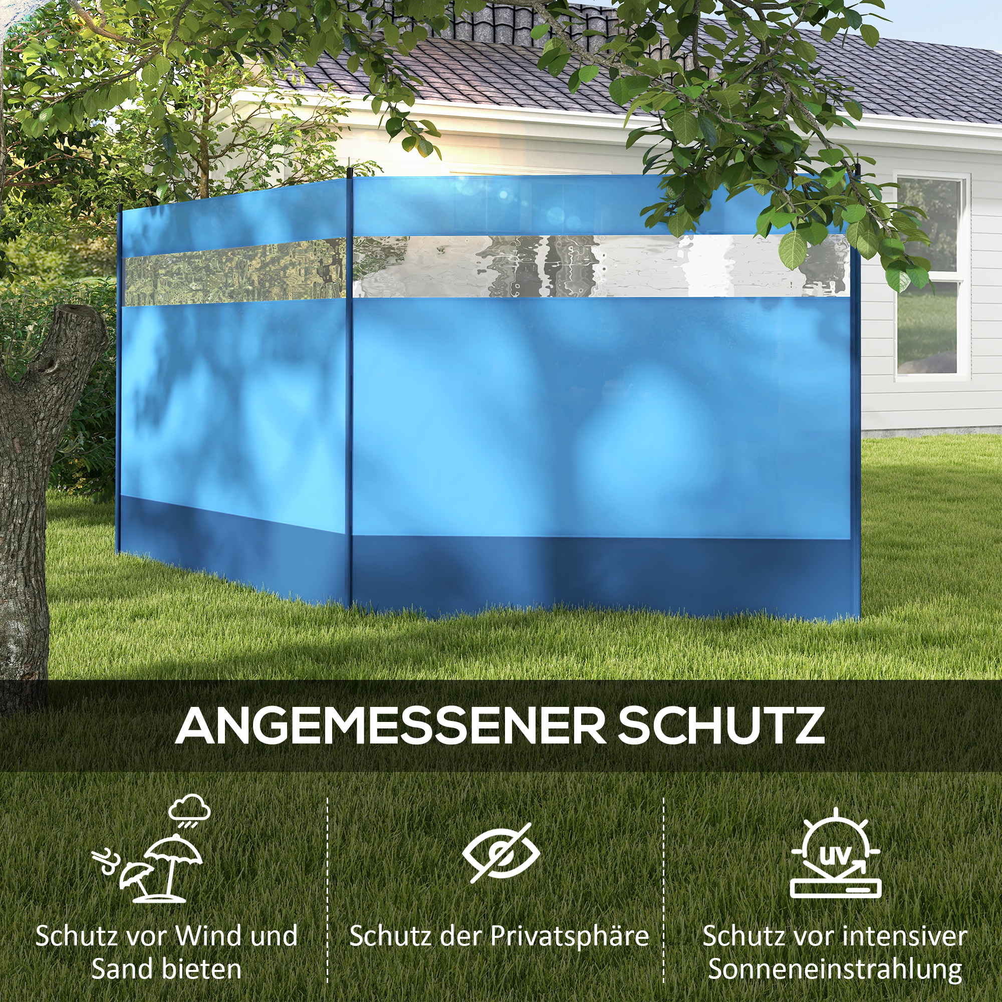 Vēja aizsargs ar skatlogu un pārnēsāšanas somu, tērauda stieņi, 440 x 140 cm, zils - Image 4