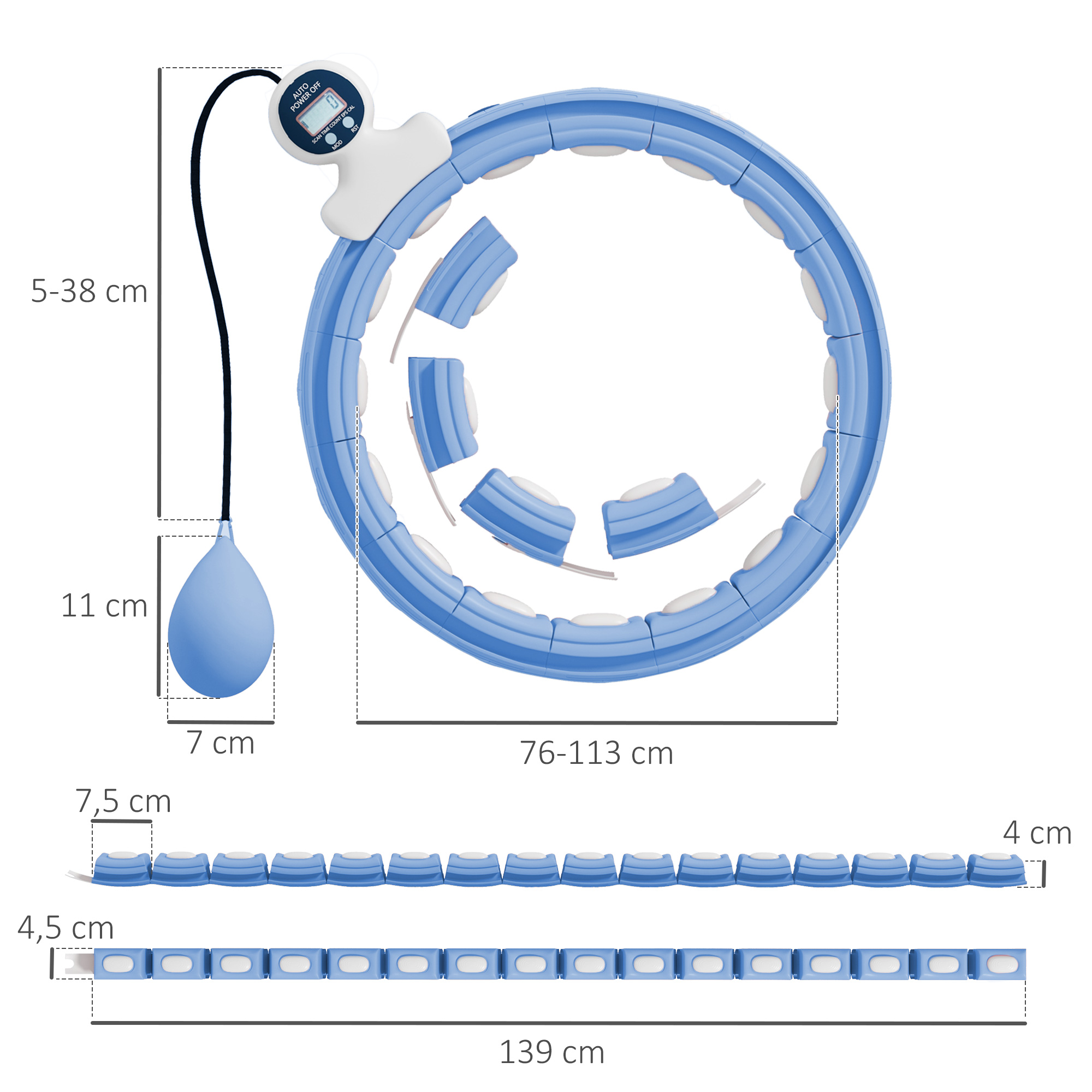 Viedais hula hoop aplis ar svara bumbu un skaitītāju, 16 posmi, gaiši zils, 76-113 cm - Image 3