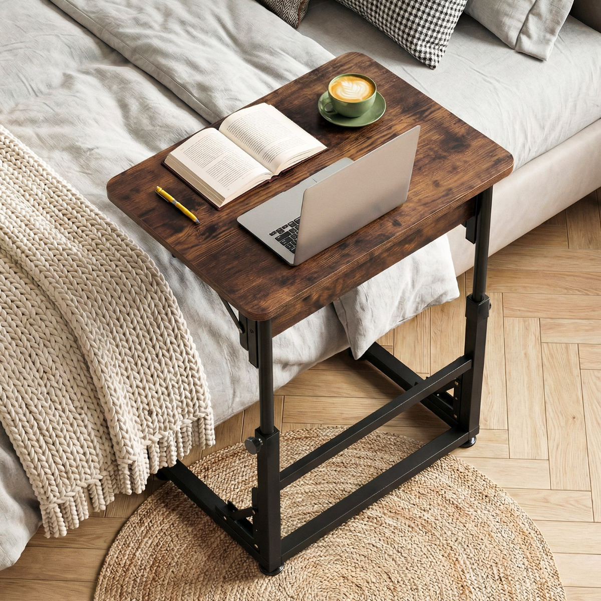 Sulankstomas C formos šoninis staliukas su metaliniu rėmu, rustic brown - Image 3