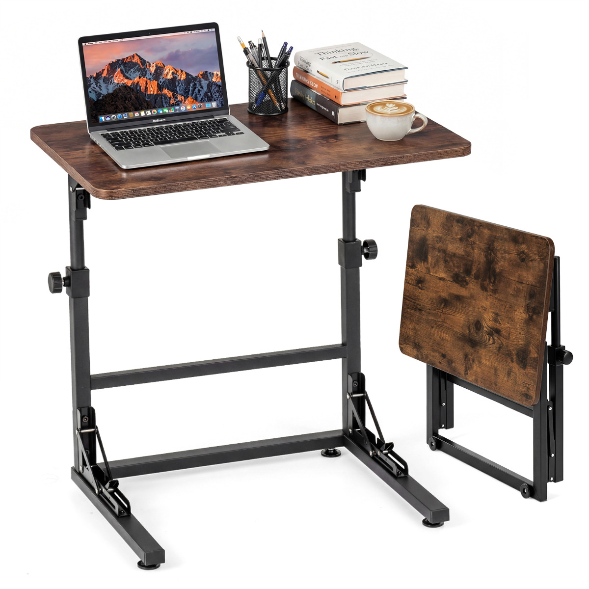 Sulankstomas C formos šoninis staliukas su metaliniu rėmu, rustic brown