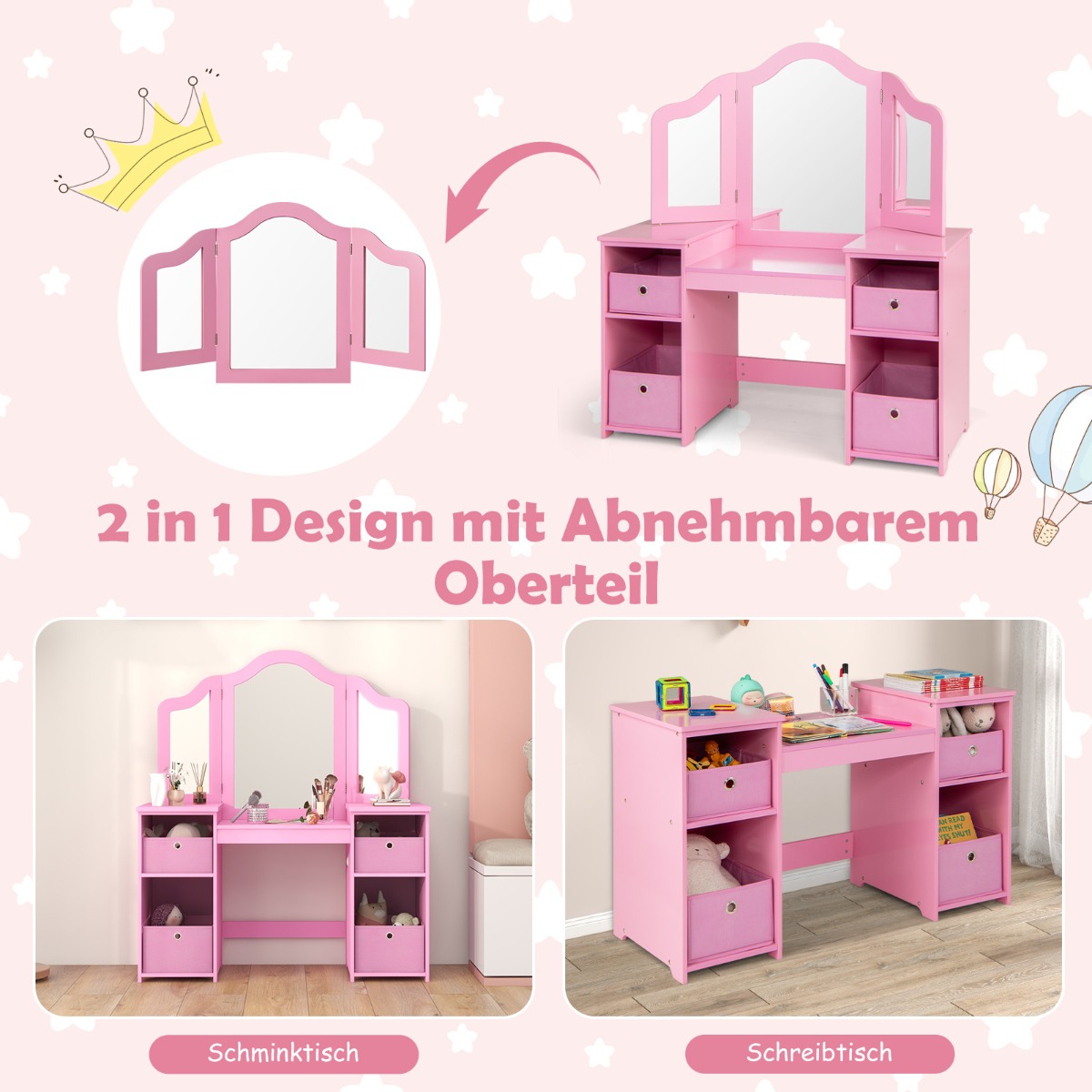 2-in-1 princese kosmētikas galds ar spoguļiem, rozā - Image 2