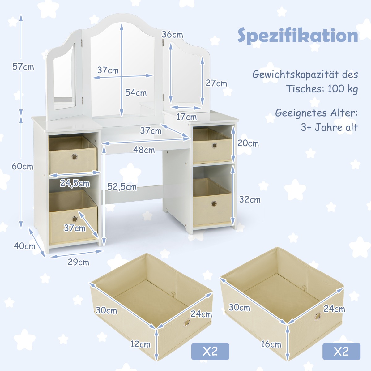 2-in-1 princesės makiažo stalas su veidrodžiais, baltas - Image 2