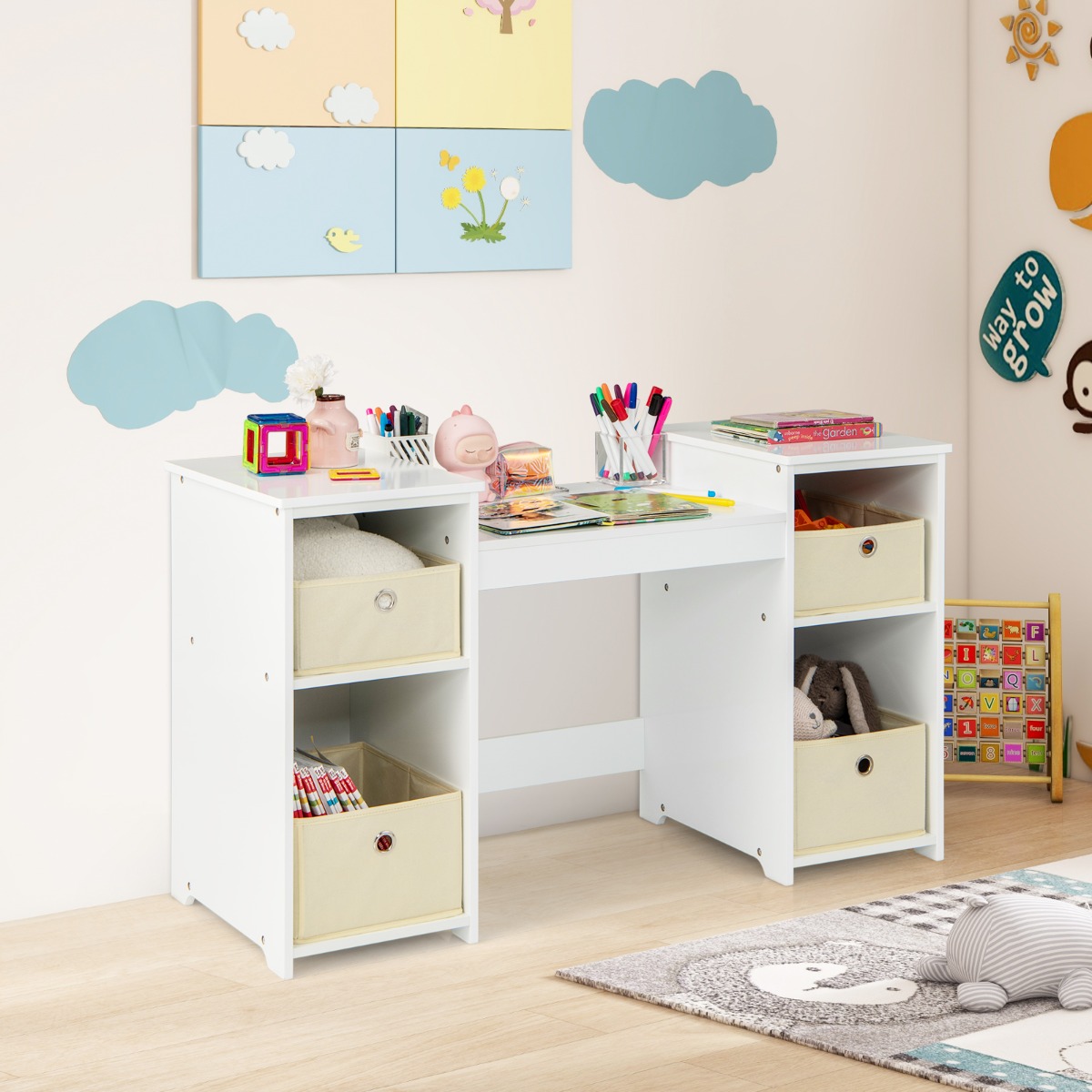 2-in-1 princesės makiažo stalas su veidrodžiais, baltas