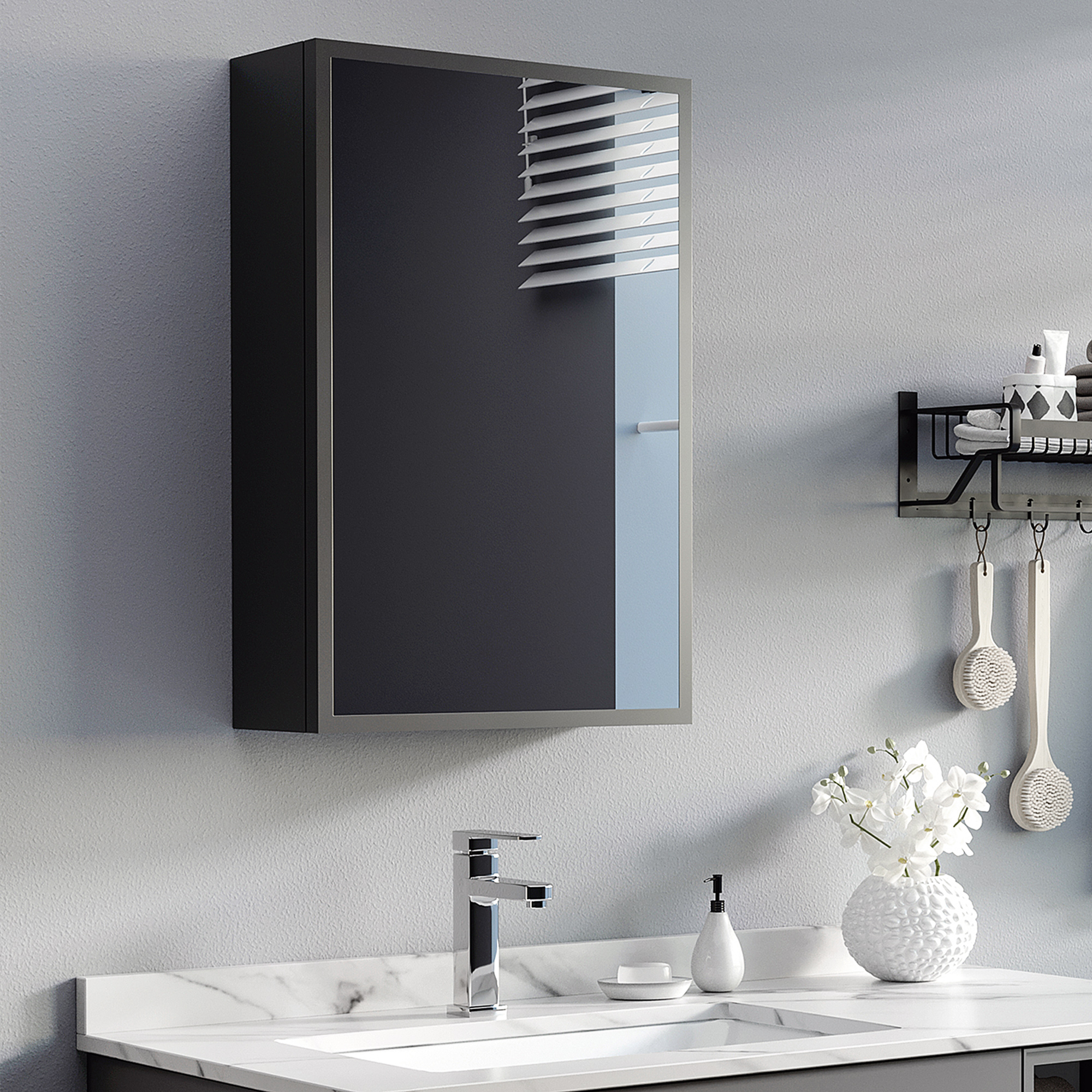 Peegelkapp, 3 riiulit, pehmed hinged, teraskorpus, must, 40 x 15 x 60 cm - Image 2