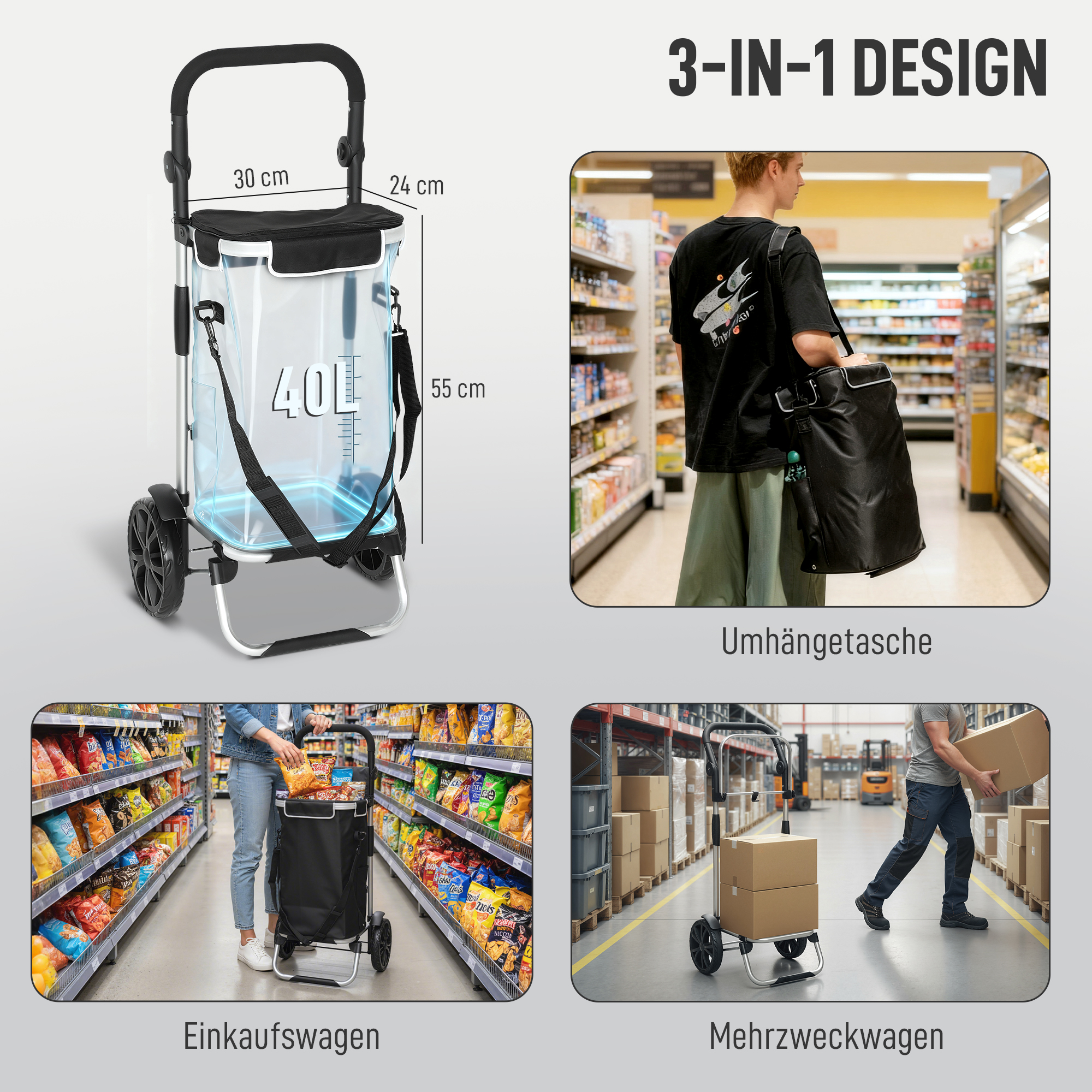 3-in-1 ostoskärry, taitettava, 40 l, musta, enintään 25 kg - Image 4