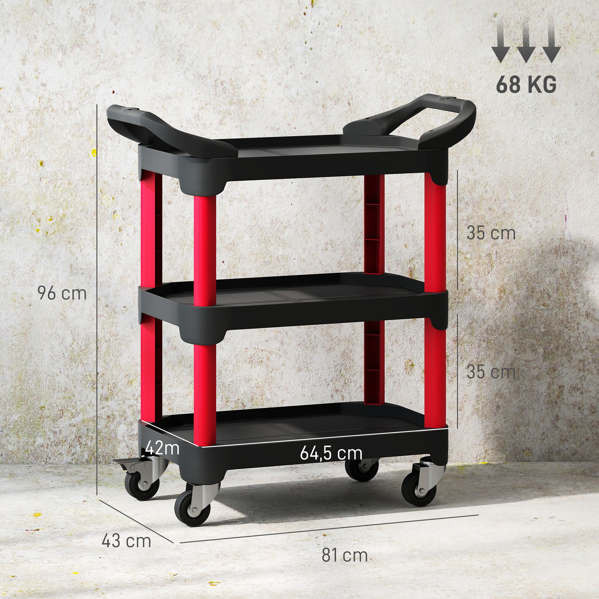 Instrumentu ratiņi ar 3 līmeņiem, sānu rokturi, riteņi, plastmasa, melni - Image 3