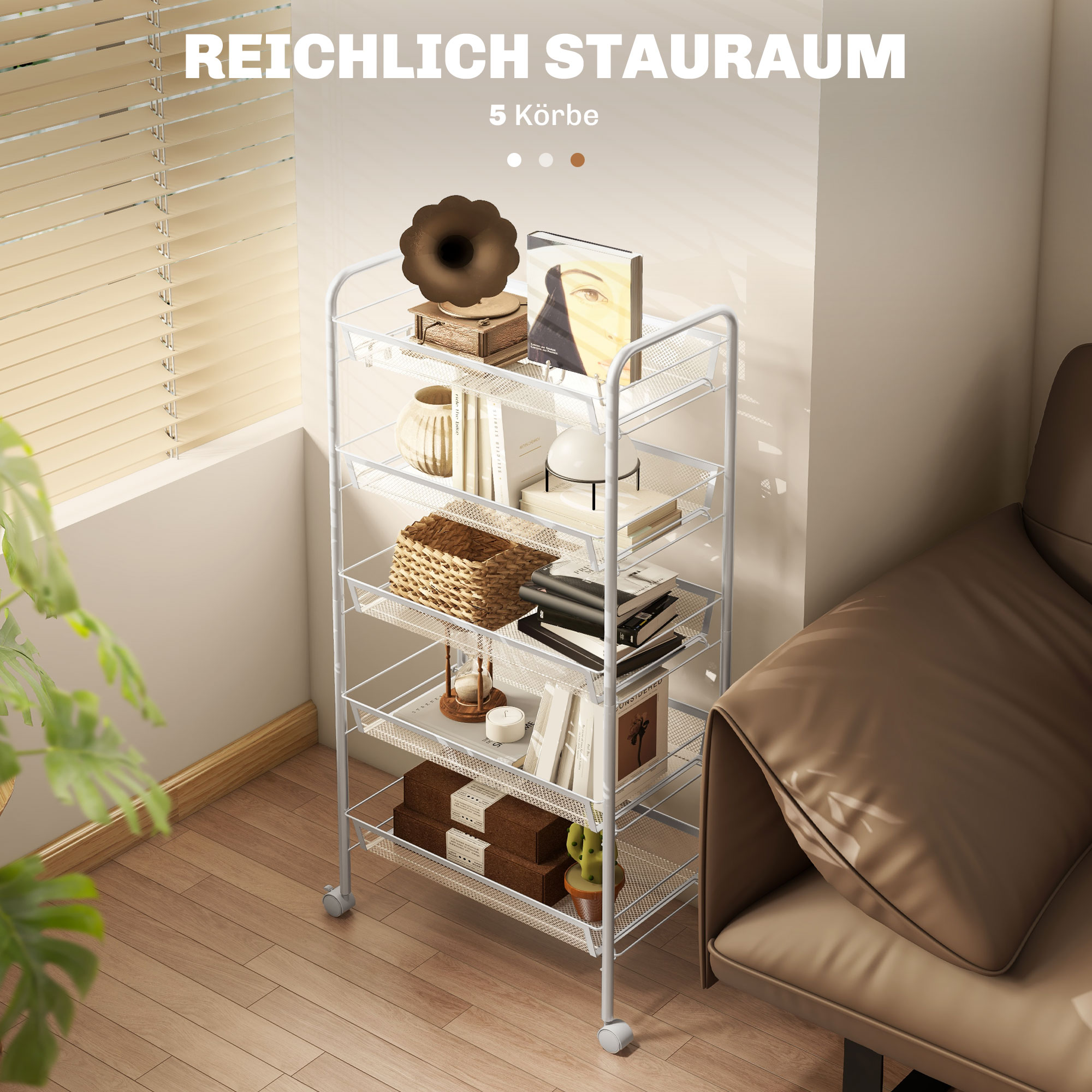 Virtuves ratiņi ar 5 stiepļu groziem, 4 āķiem, 4 ritentiņiem, 2 rokturiem, tērauds / plastmasa, 45 x 26,5 x 106 cm, balts - Image 4