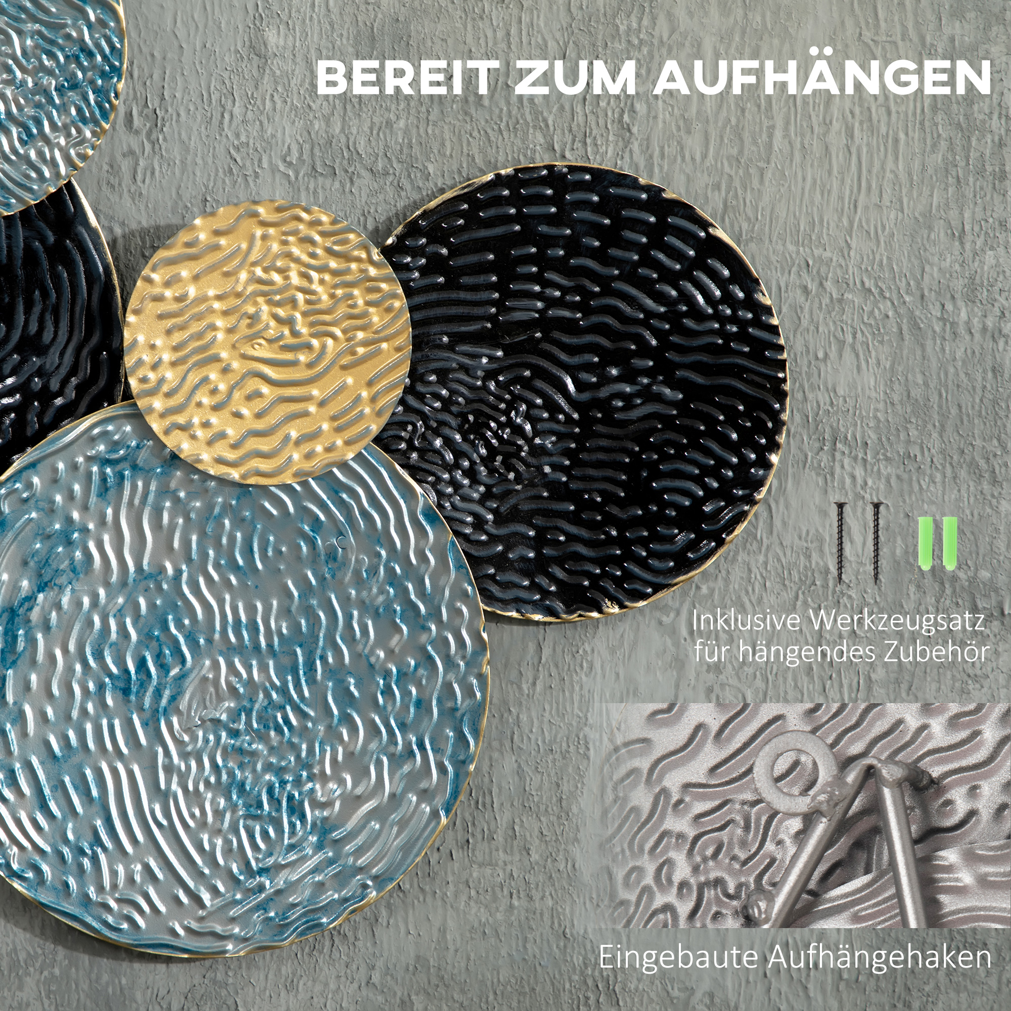 3D sienas dekorācija ar apļiem, 121 x 4 x 53 cm, metāls, zila / melna / zelta - Image 5