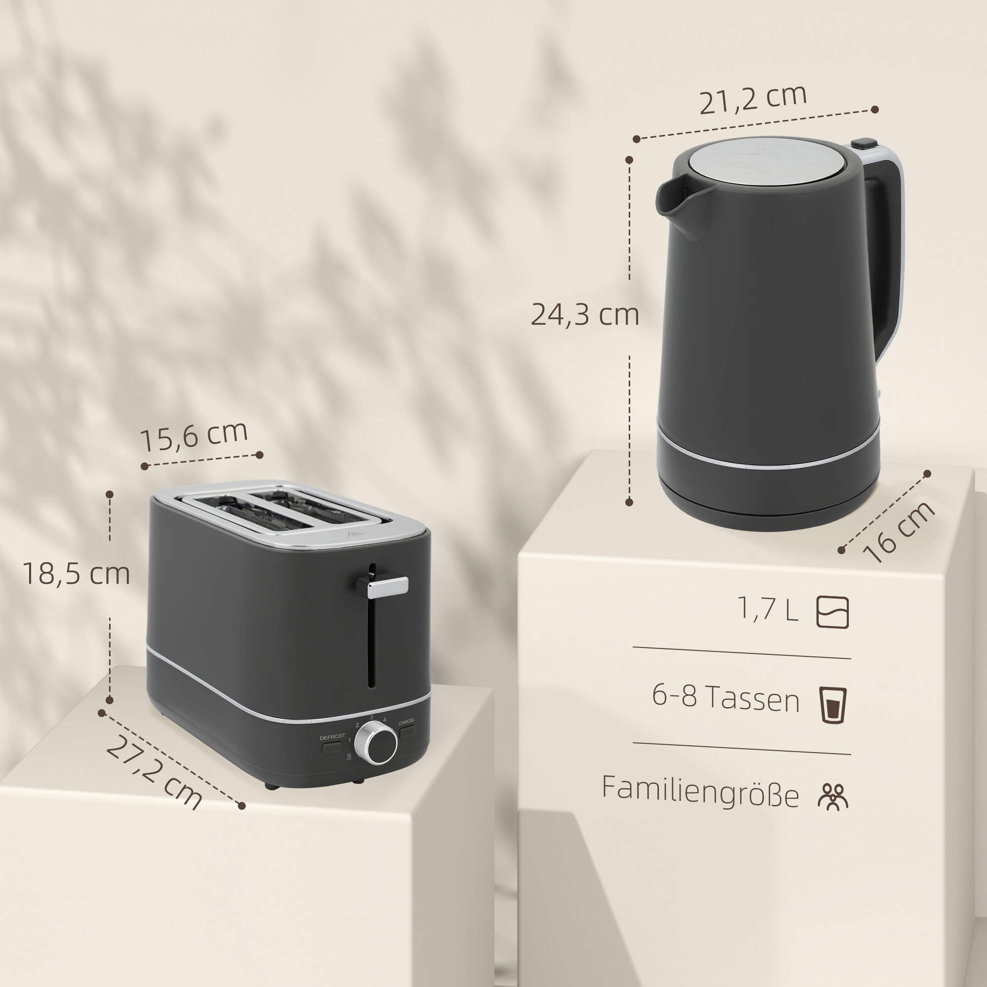 1,7 l veekeetja ja rösteri komplekt, 6 pruunistusastet, hall - Image 3
