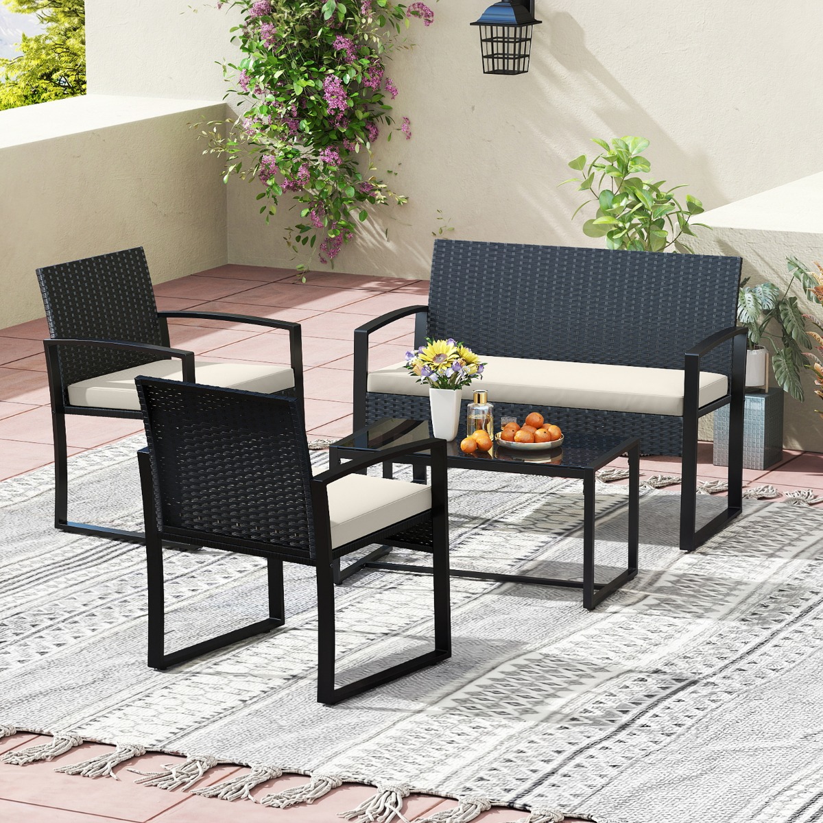 Rattan dārza mēbeļu komplekts ar 2 atpūtas krēsliem, dīvānu, galdu un spilveniem, bēšs - Image 2