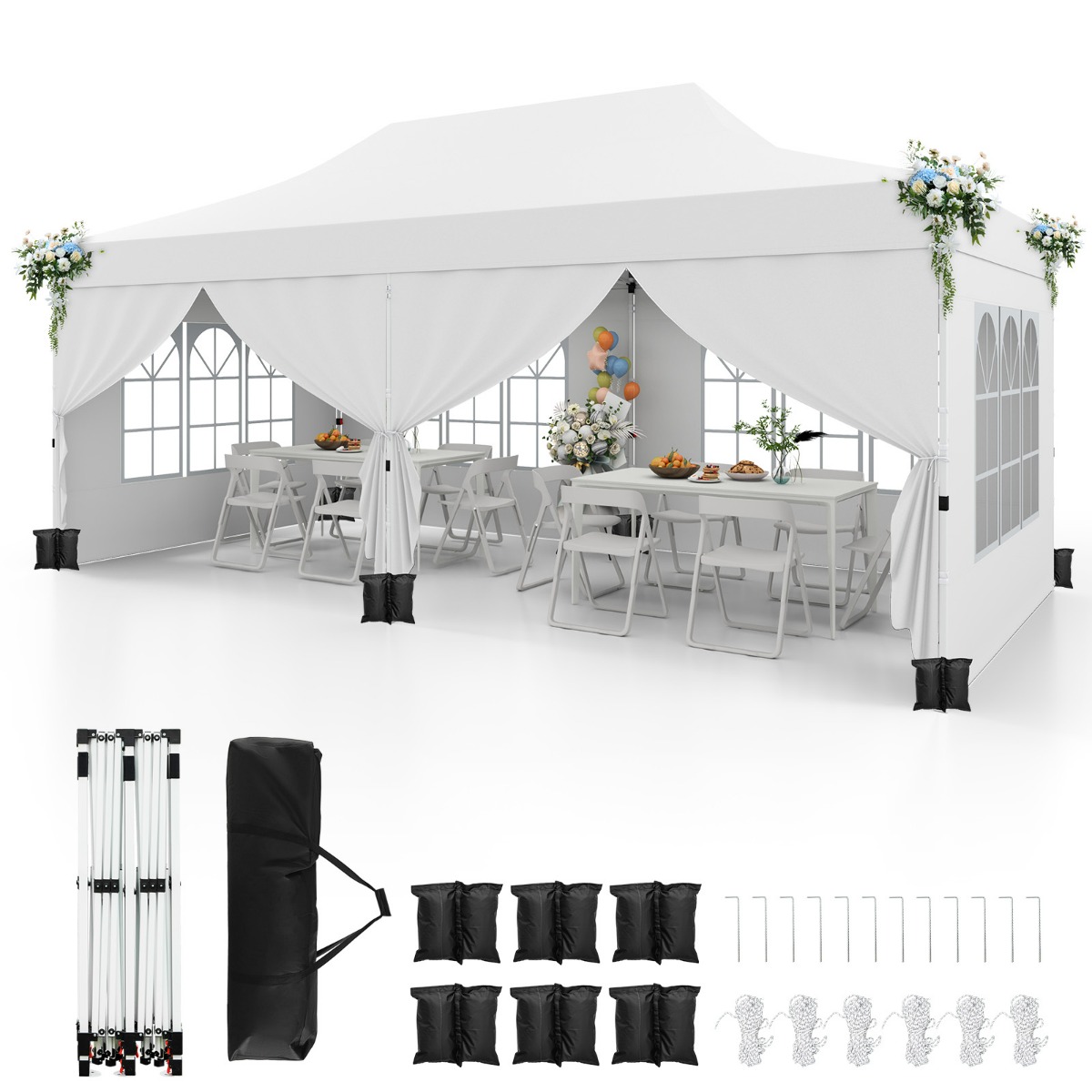 Pop Up teltta 3x6m, 6 sivuseinää, valkoinen