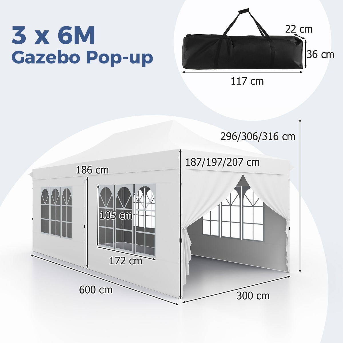Pop Up teltta 3x6m, 6 sivuseinää, valkoinen - Image 2