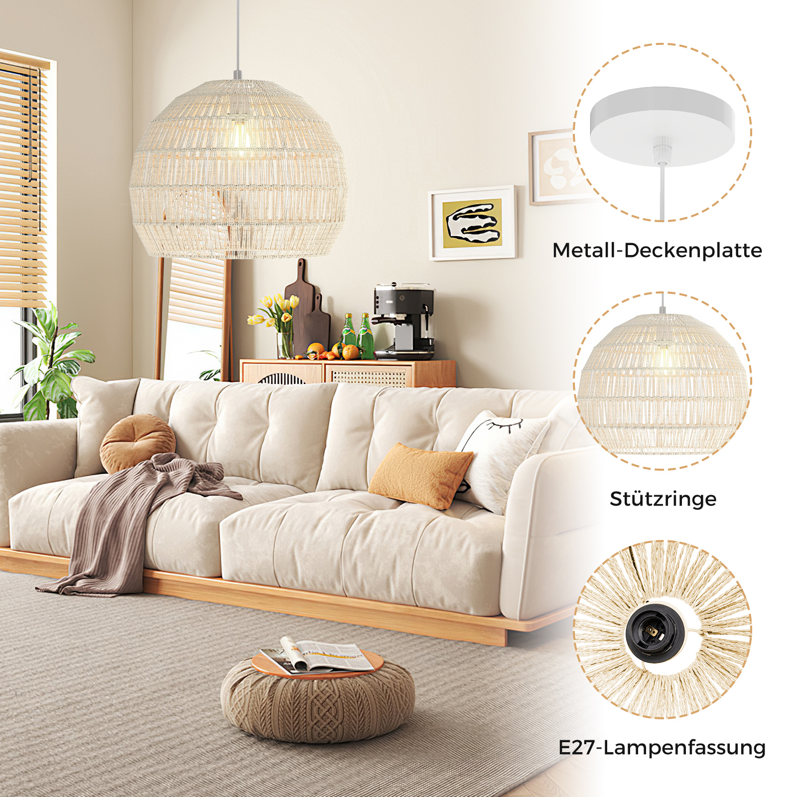 Punottu paperikattovalaisin Boho, säädettävä korkeus, beige - Image 2