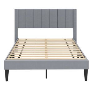 Polsterdatud kaheinimese voodiraam 200 x 140 cm platvormvoodi peatsiga hall