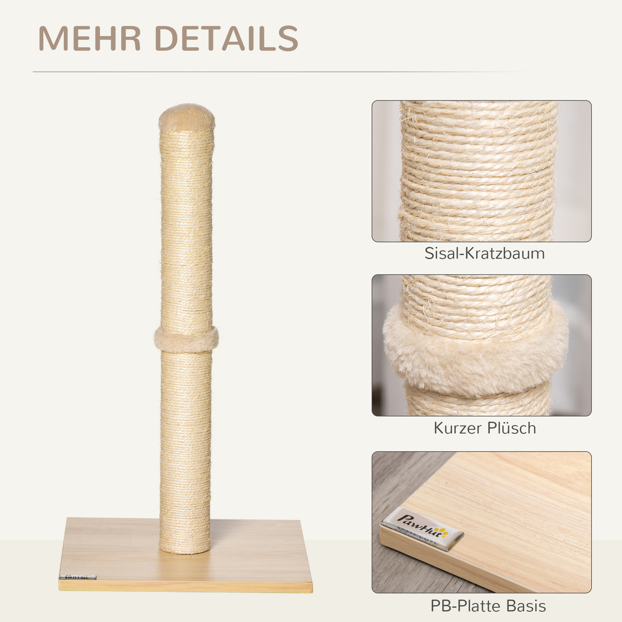 Kissan raapimispuu, sisalia, beige ja tammen sävy, 34 x 34 x 60 cm - Image 5