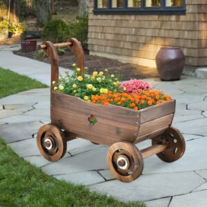 Dekoratyvinis medinis vežimėlis su rankena ir ratukais, rustic brown