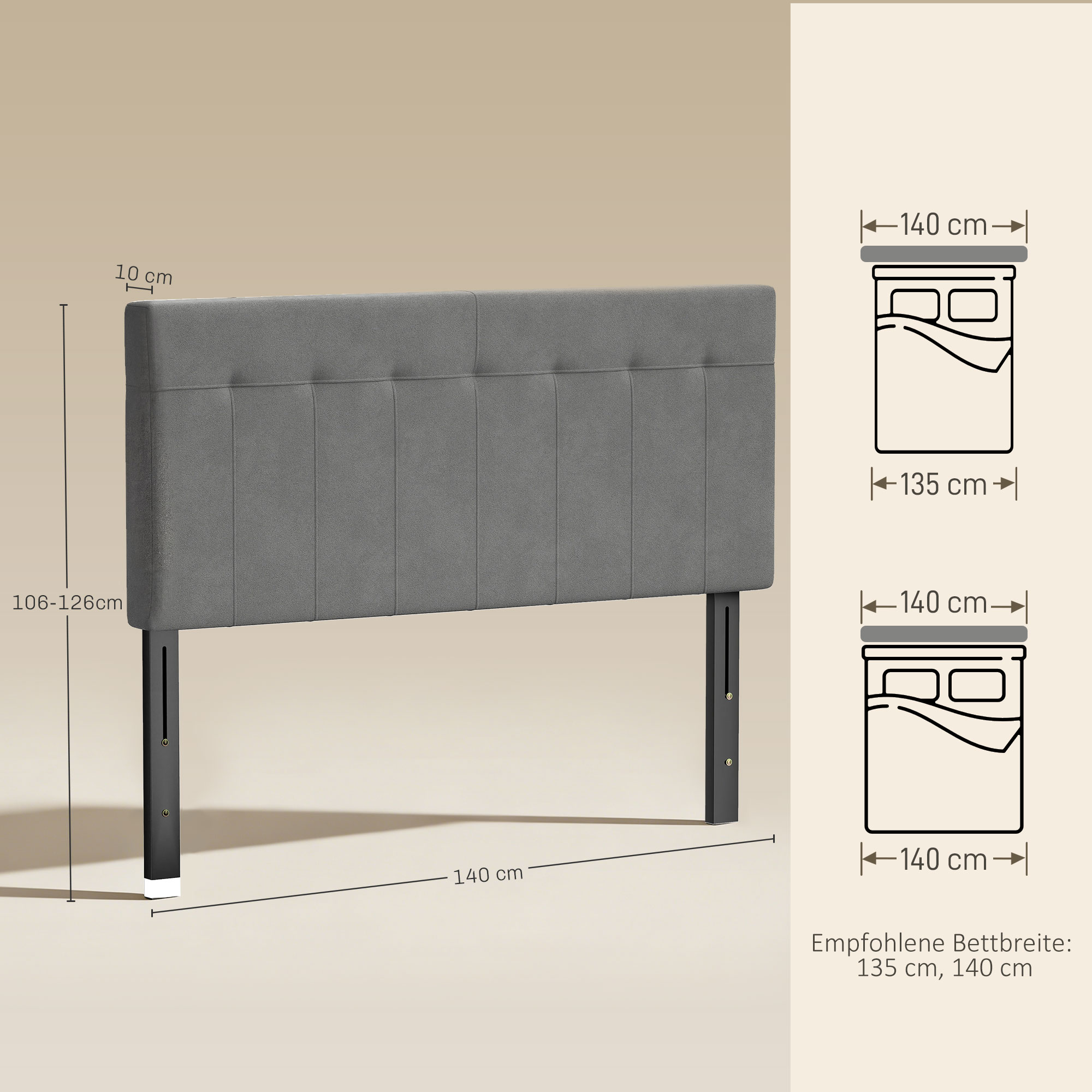 3-suuntaisesti säädettävä sängynpääty metallijaloilla, harmaa, 140 x 10 x 106-126 cm - Image 3