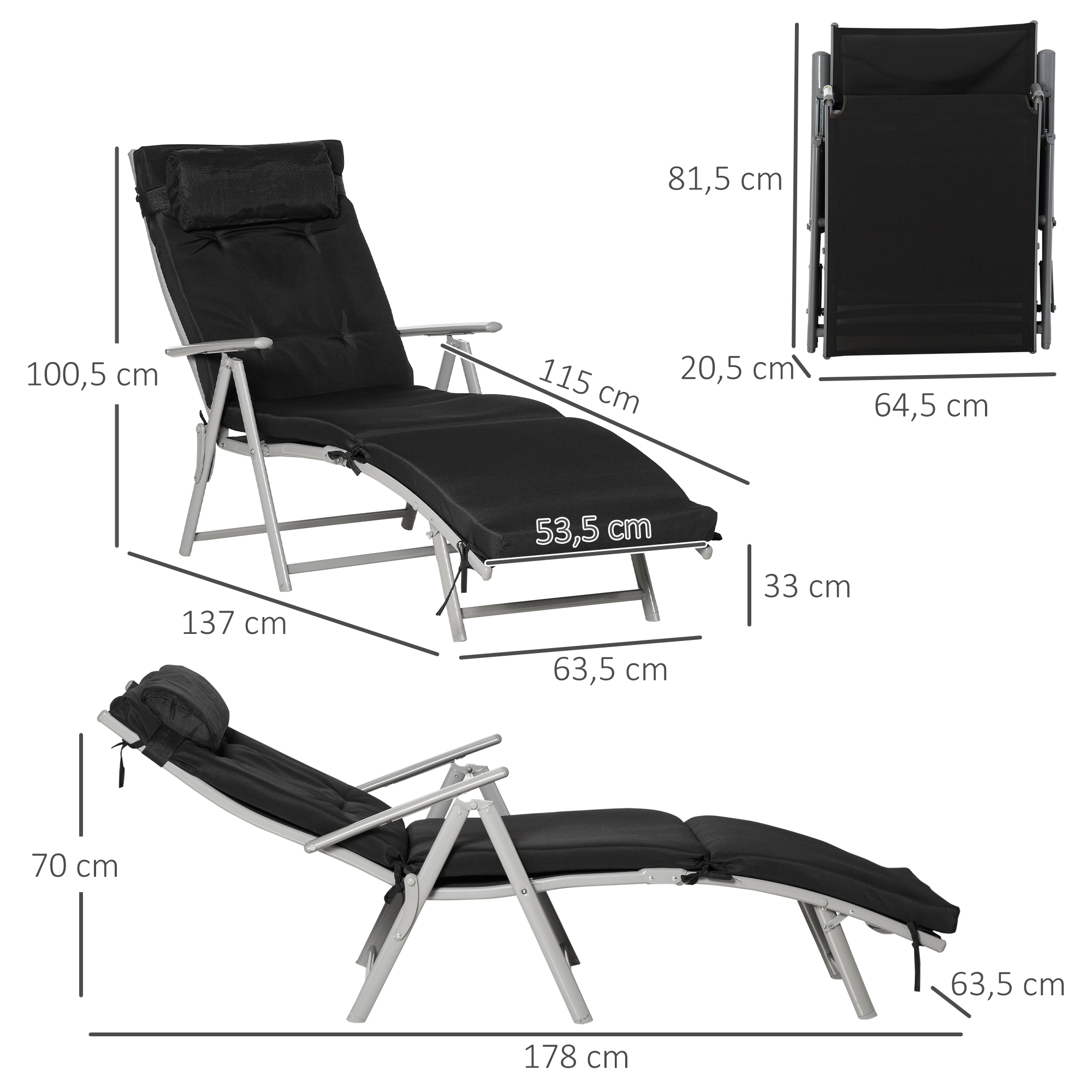 Taitettava aurinkotuoli, musta / hopea, enintään 165 kg - Image 3