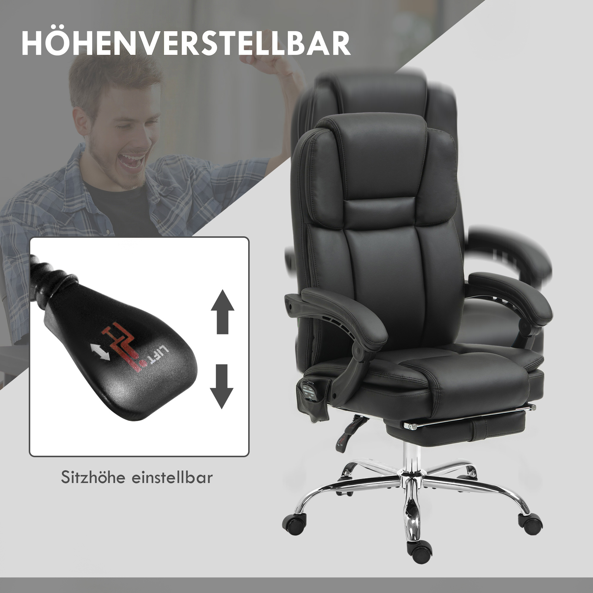 Regulējams biroja krēsls ar 6 masāžas punktiem, sildīšanas funkciju, kāju balstu, mākslīgā āda, melns - Image 5