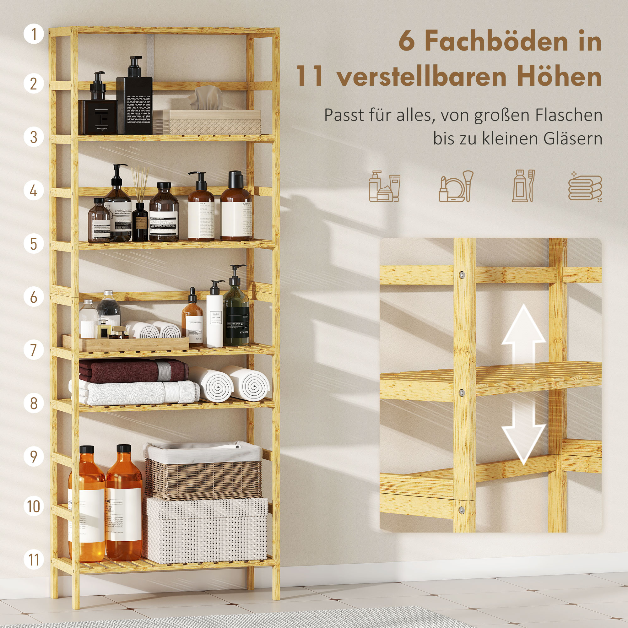 6-tasoinen bambuhylly, säädettävät hyllyt, luonnonpuun värinen - Image 4