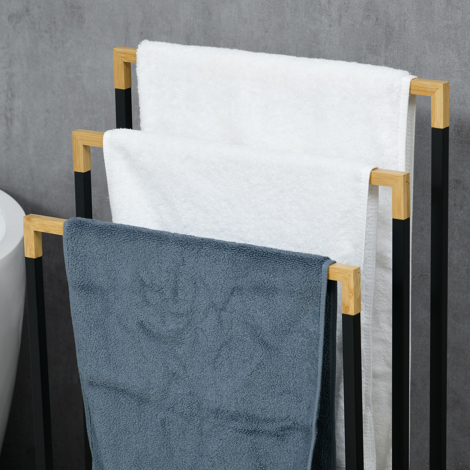 Dvieļu statīvs, 3 līmeņi, bambuss un tērauds, melns / dabisks, 45 x 22,5 x 86 cm - Image 8