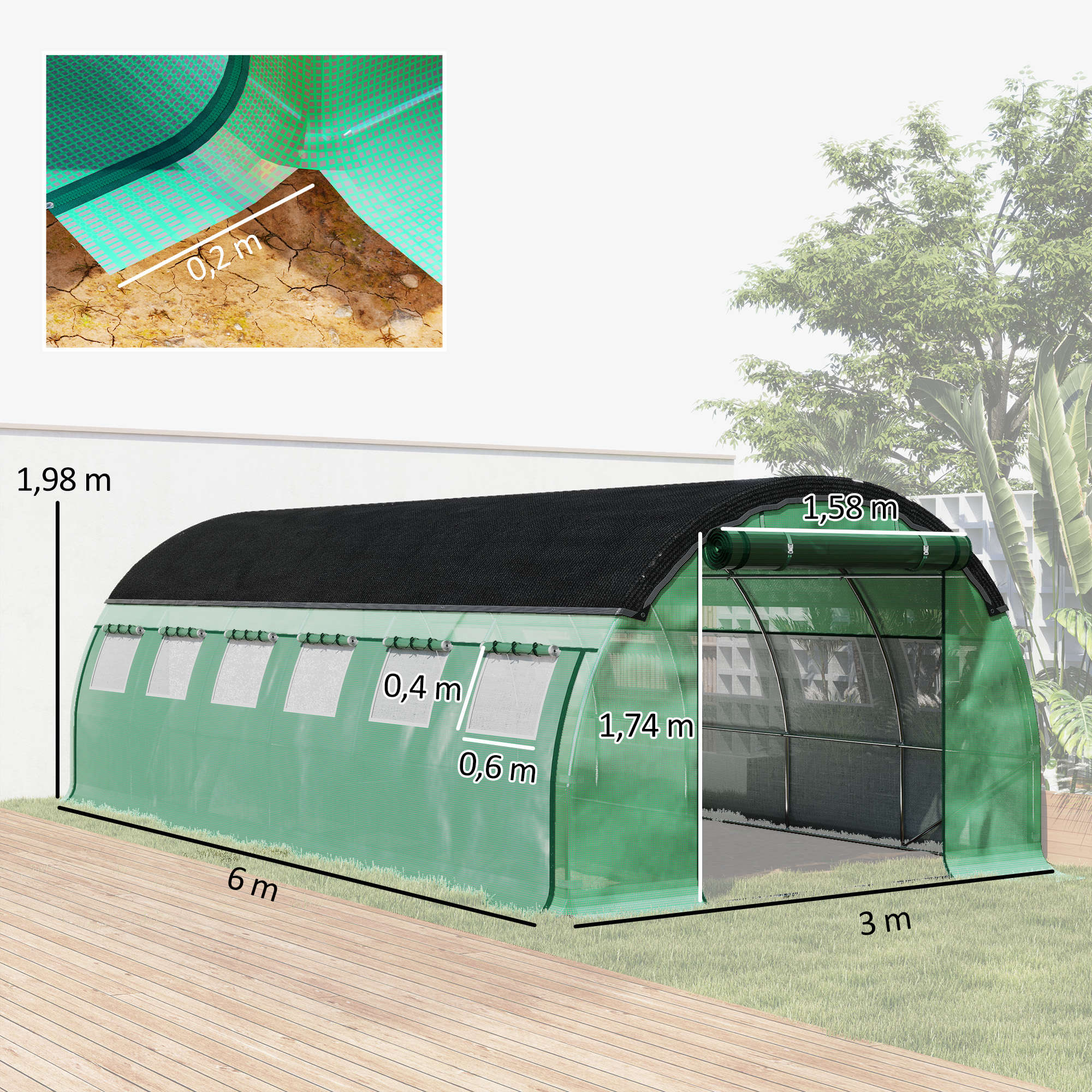 Polytunnel-kasvihuone aurinkosuojaverkolla, 6 x 3 x 2 m, vihreä - Image 3