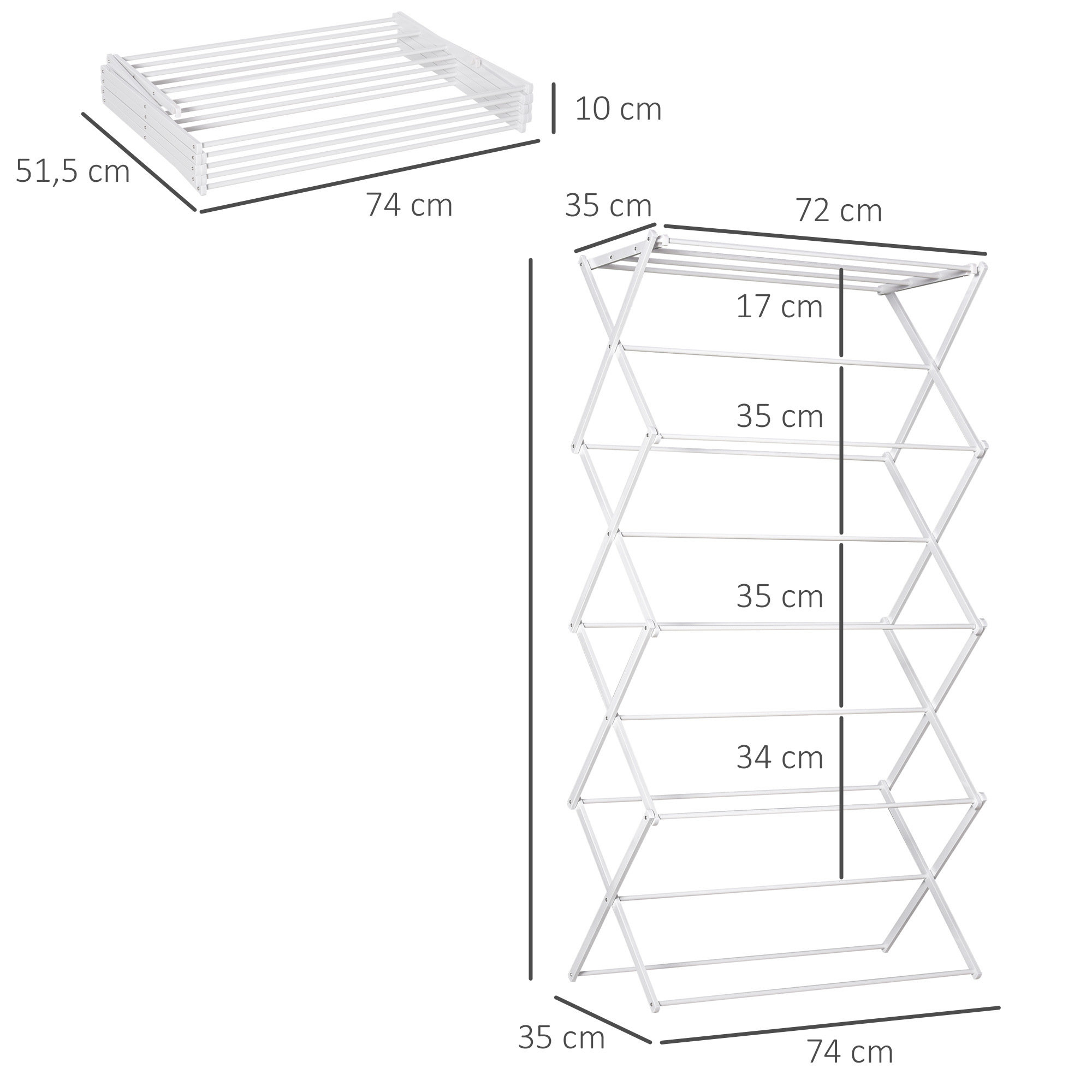 Kokoontaitettava kuivausteline, 8 tasoa, valkoinen, 74 x 35 x 144 cm - Image 3