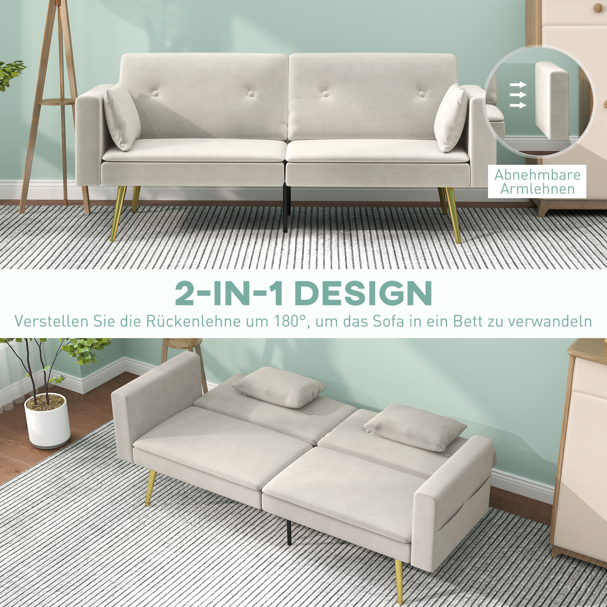 2 vietu sofa-guļamā gulta, regulējama atzveltne, smilškrāsas, 181 x 73 x 78,5 cm - Image 4
