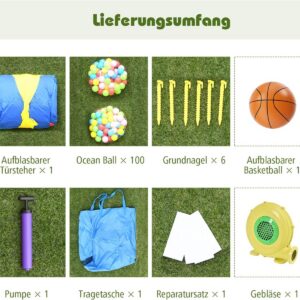 Täispuhutav loss puhuriga, liumäe, hüppealaga, korvpallirõnga, 100 palliga ja kandekotiga