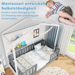 Laste puidust majakujuline voodi akna, riiulite ja kaitseraamiga valge-hall