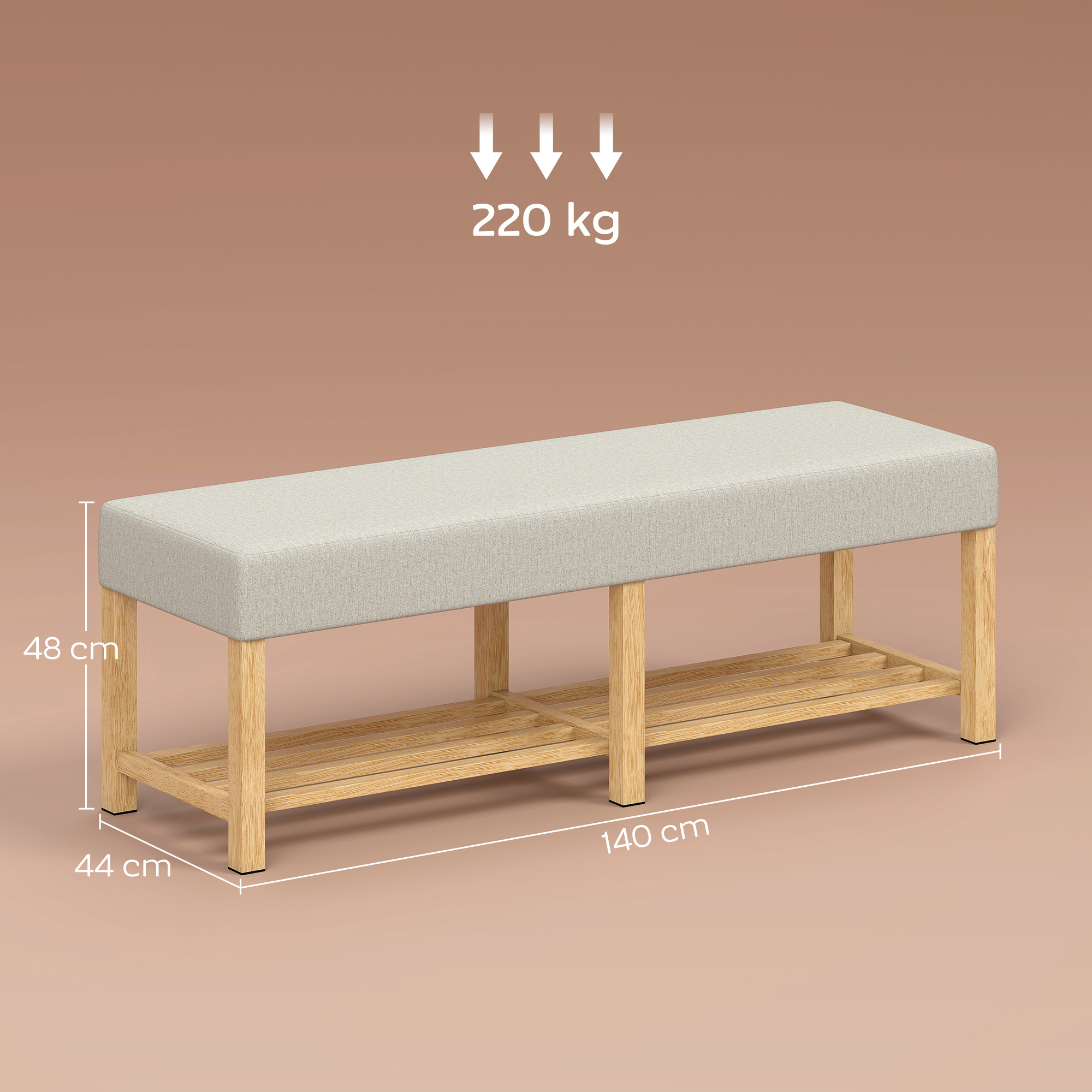 140 cm jalanõupink massiivpuidust, polsterdatud istmega kahele inimesele, naturaalne ja kreemvalge - Image 3