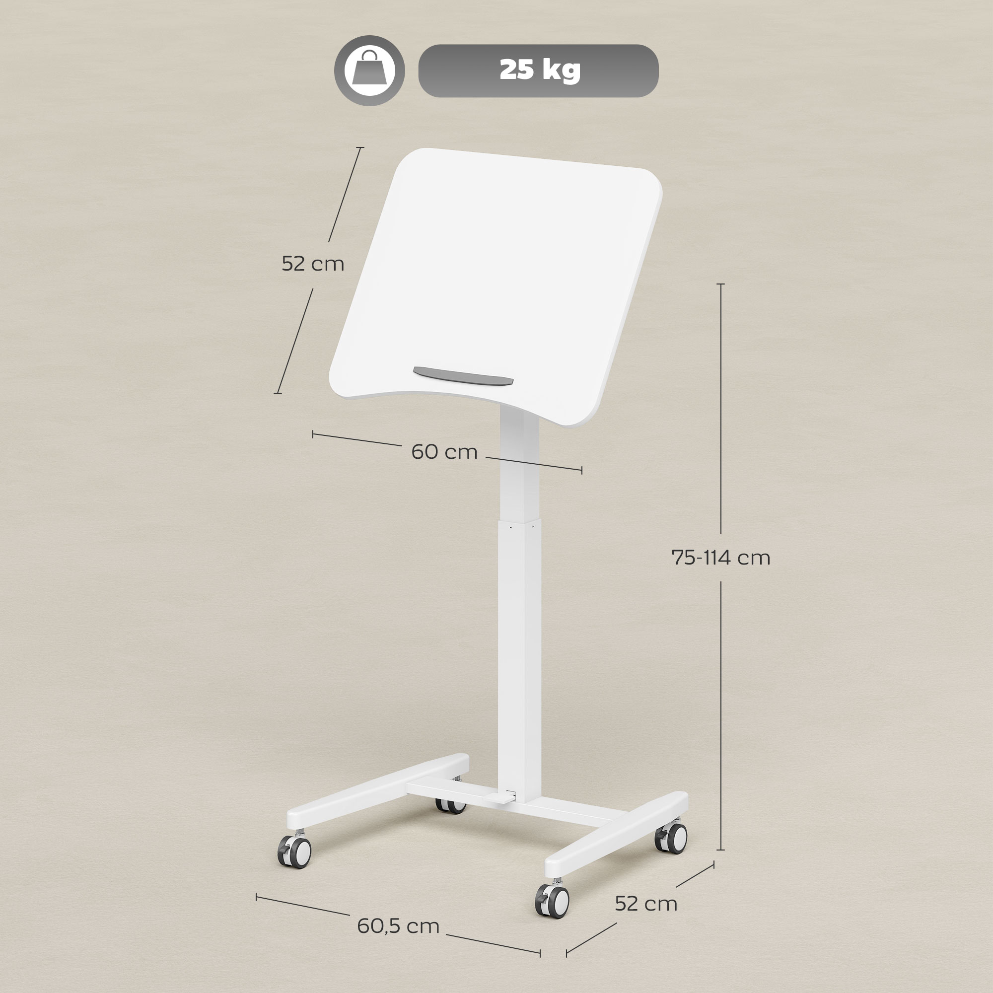 Regulējama augstuma stāvgalds ar ritentiņiem, balts, 60,5 x 52 x 75-114 cm - Image 3