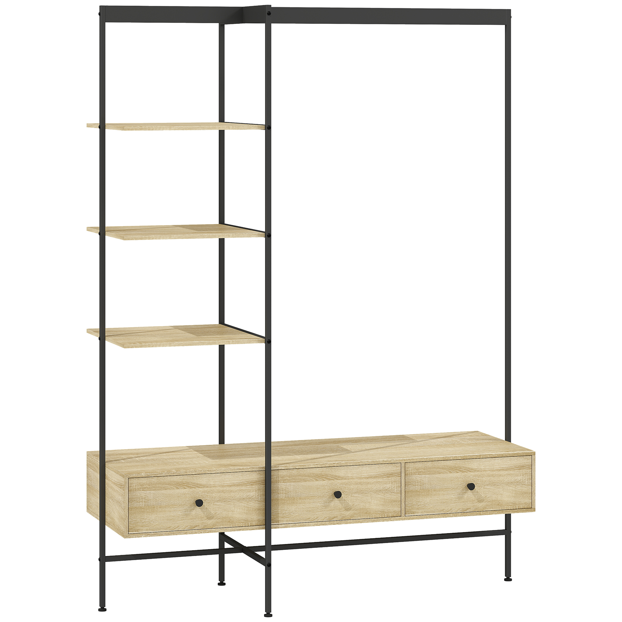 Garderobistend riiulite, sahtlite ja riidepuutoriga, 180 cm, tamme toon, metallraam