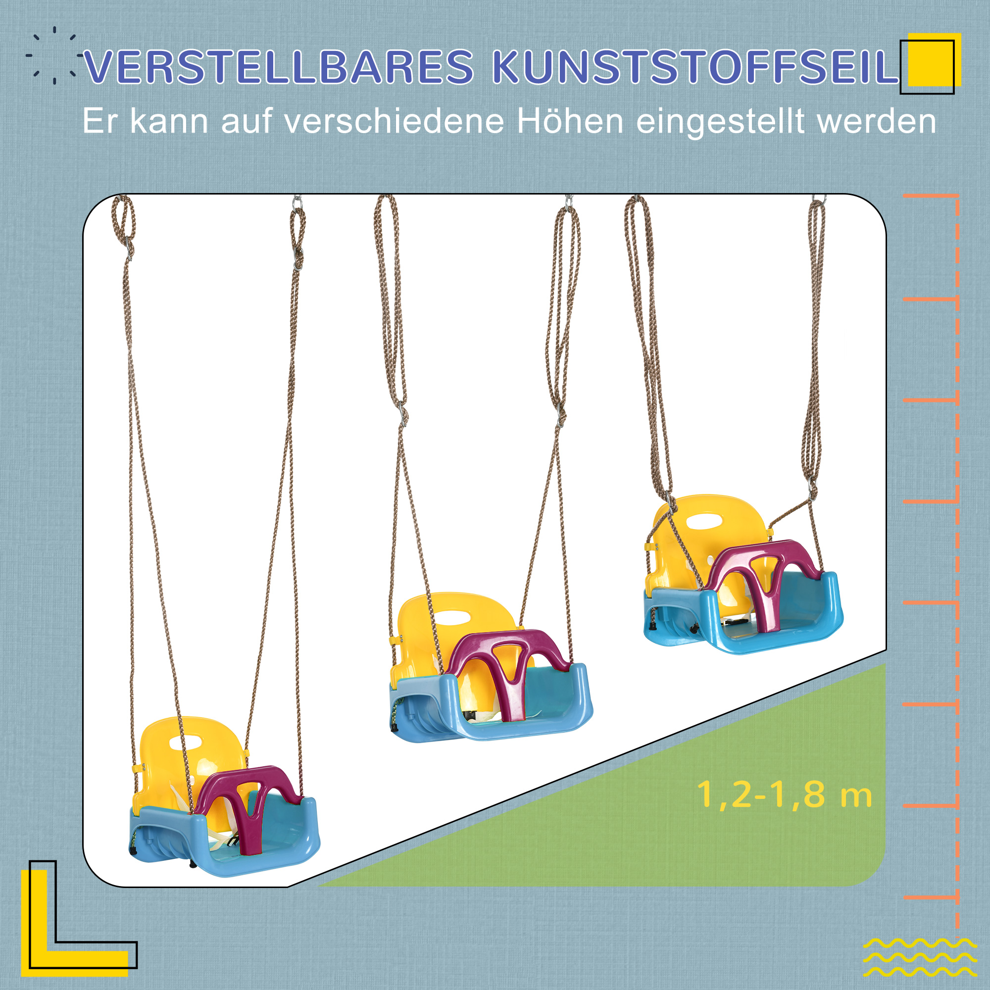 3-in-1 lasten keinu, säädettävä korkeus, irrotettava selkänoja, sininen+keltainen, 42 x 33 x 180 cm - Image 5