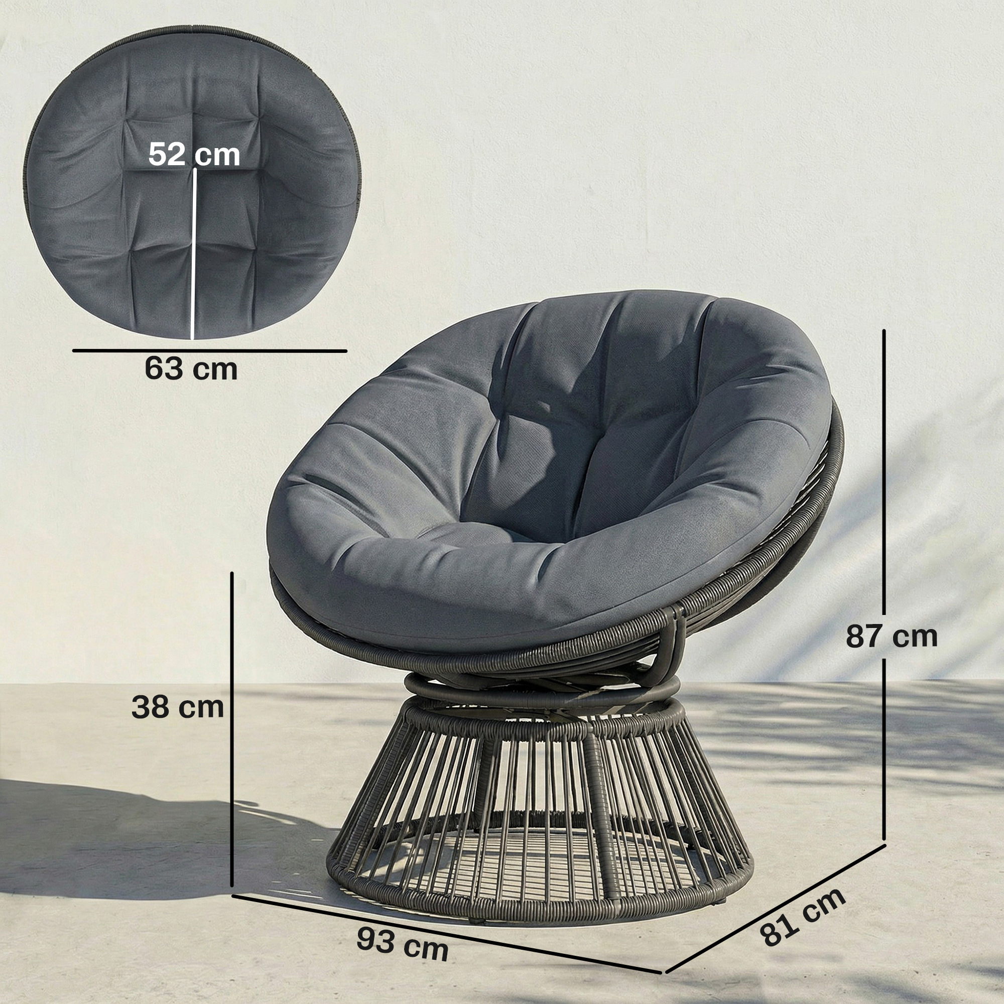 Sukama papasan kėdė su pagalvėle, pilka, 93 x 81 x 87 cm - Image 3