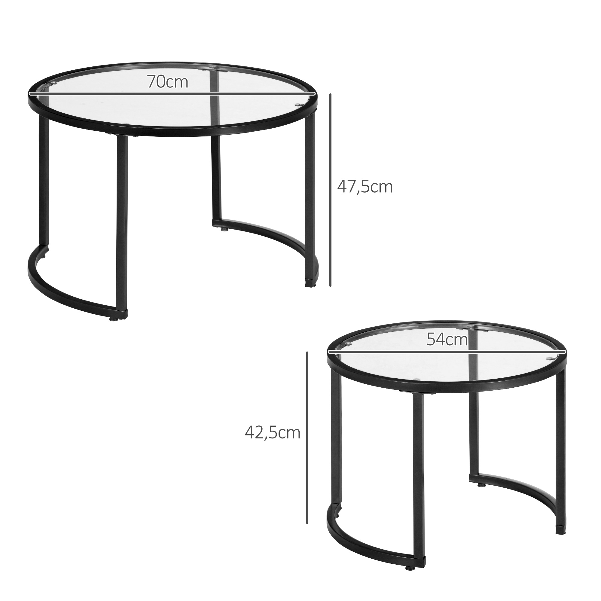 2 dalių šoninių staliukų rinkinys, juodas, stiklas, industrinis dizainas, Ø70 / Ø54 cm - Image 3