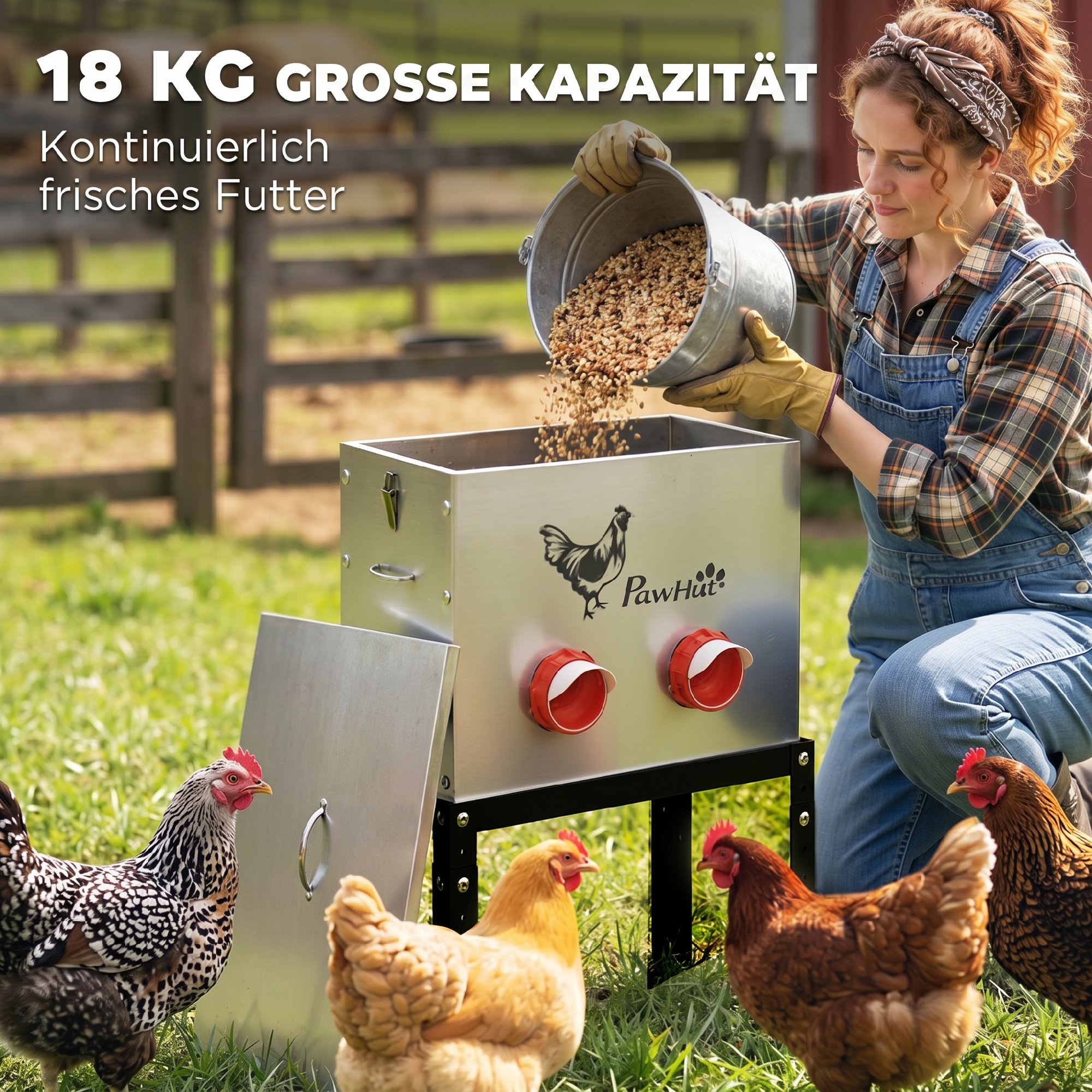 Vištų lesyklė, 18 kg talpa, užrakinamas dangtis, reguliuojamos kojelės, 6 angos, 42 x 25 x 55,5 cm, sidabrinė - Image 4