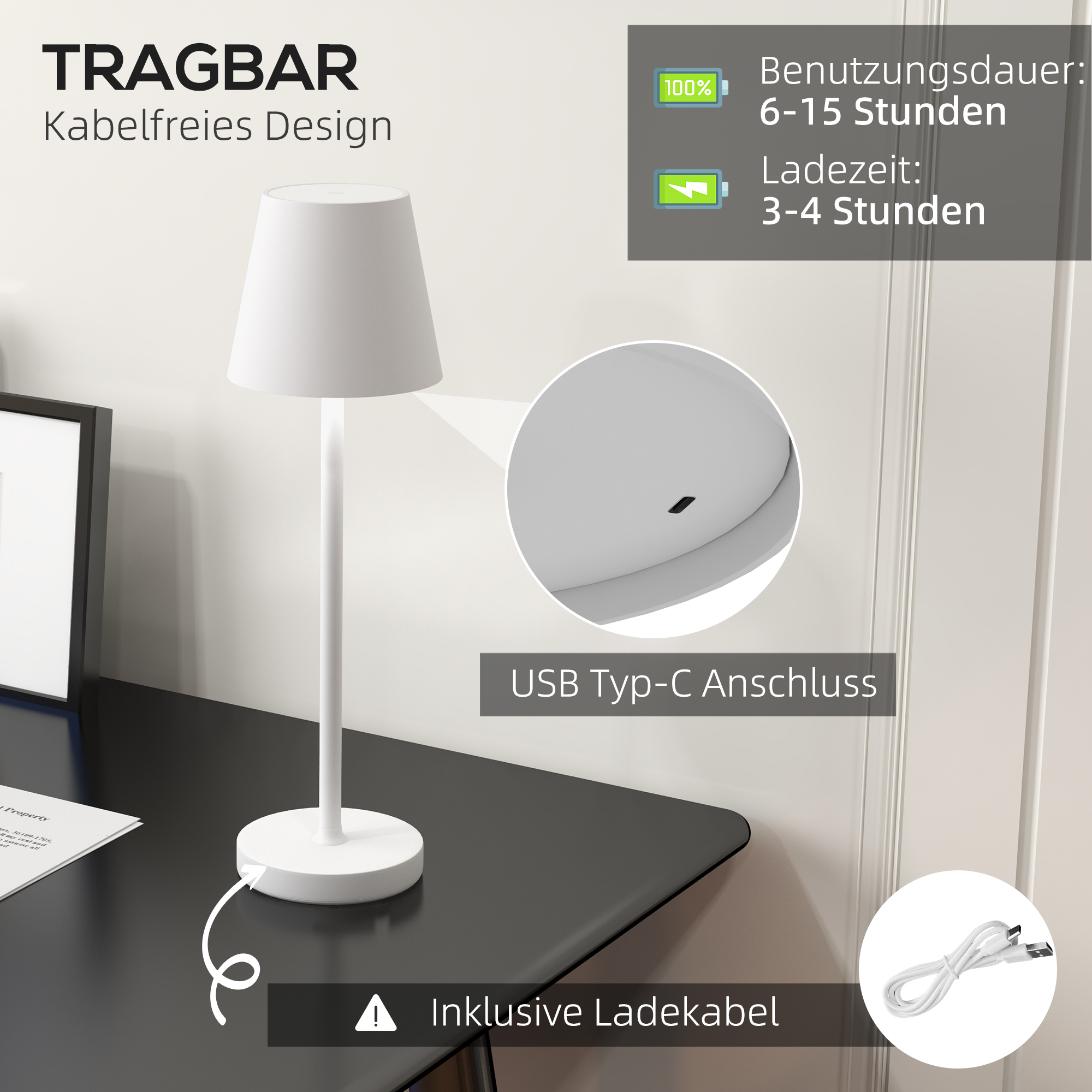 Laetav USB lauavalgusti 3 valgusvärviga, kaasaskantav öölamp puutetundliku lülitiga, metall, valge - Image 4