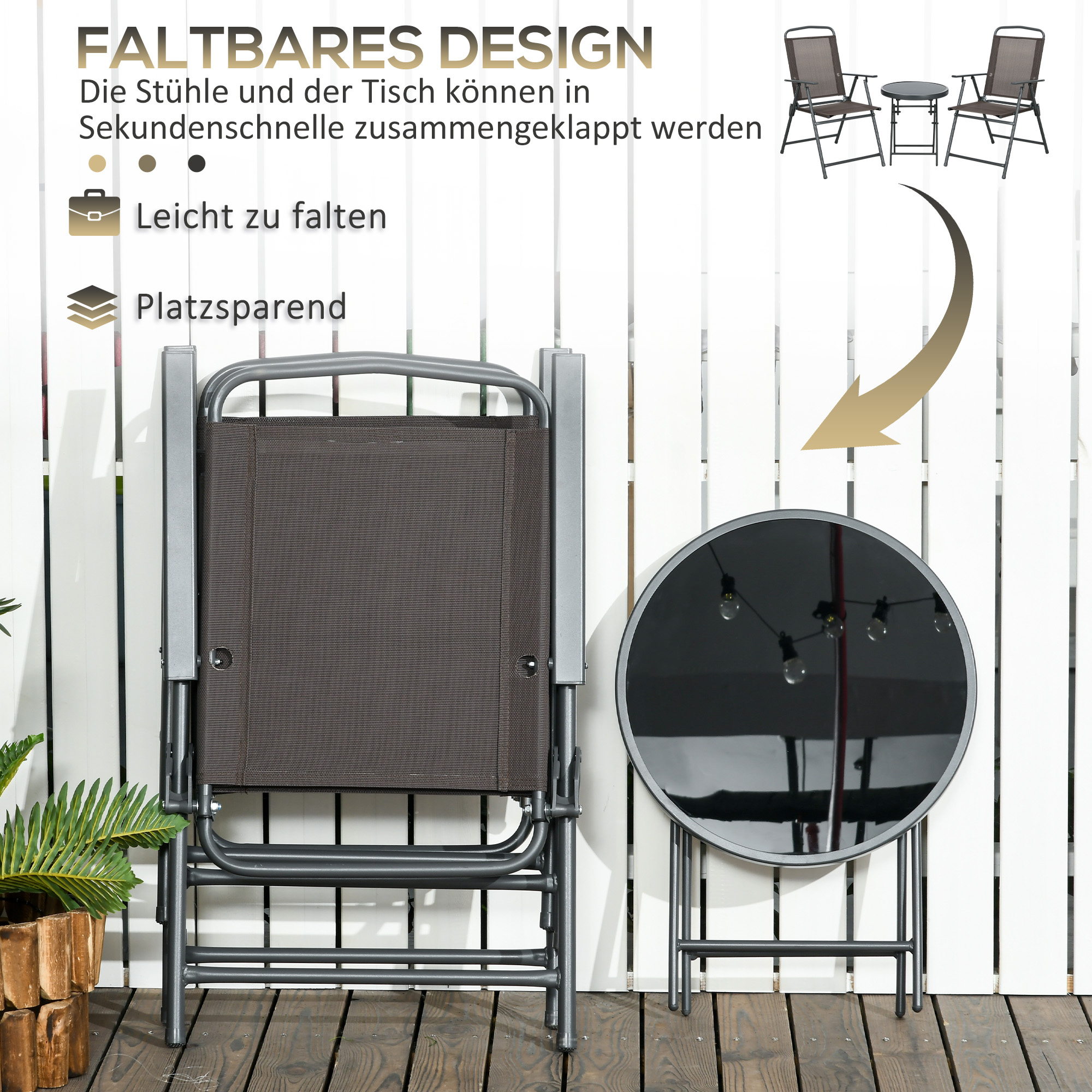 3 dalių bistro komplektas, metalas, rudas, sulankstomas stalas su stiklo stalviršiu - Image 4