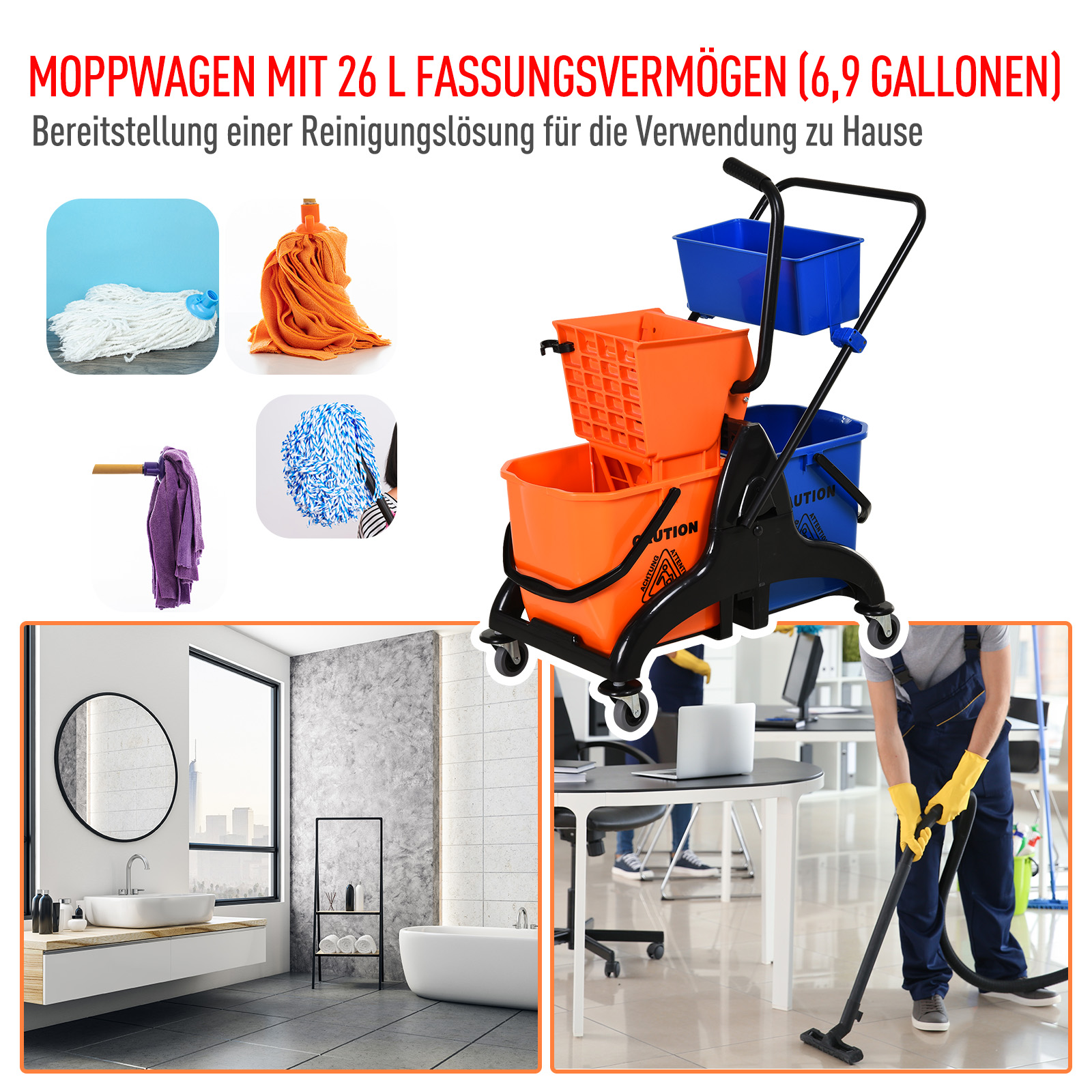 Mopinpesuvaunu, 26 l, muovi, metalli, oranssi, 78 x 45 x 95 cm - Image 4
