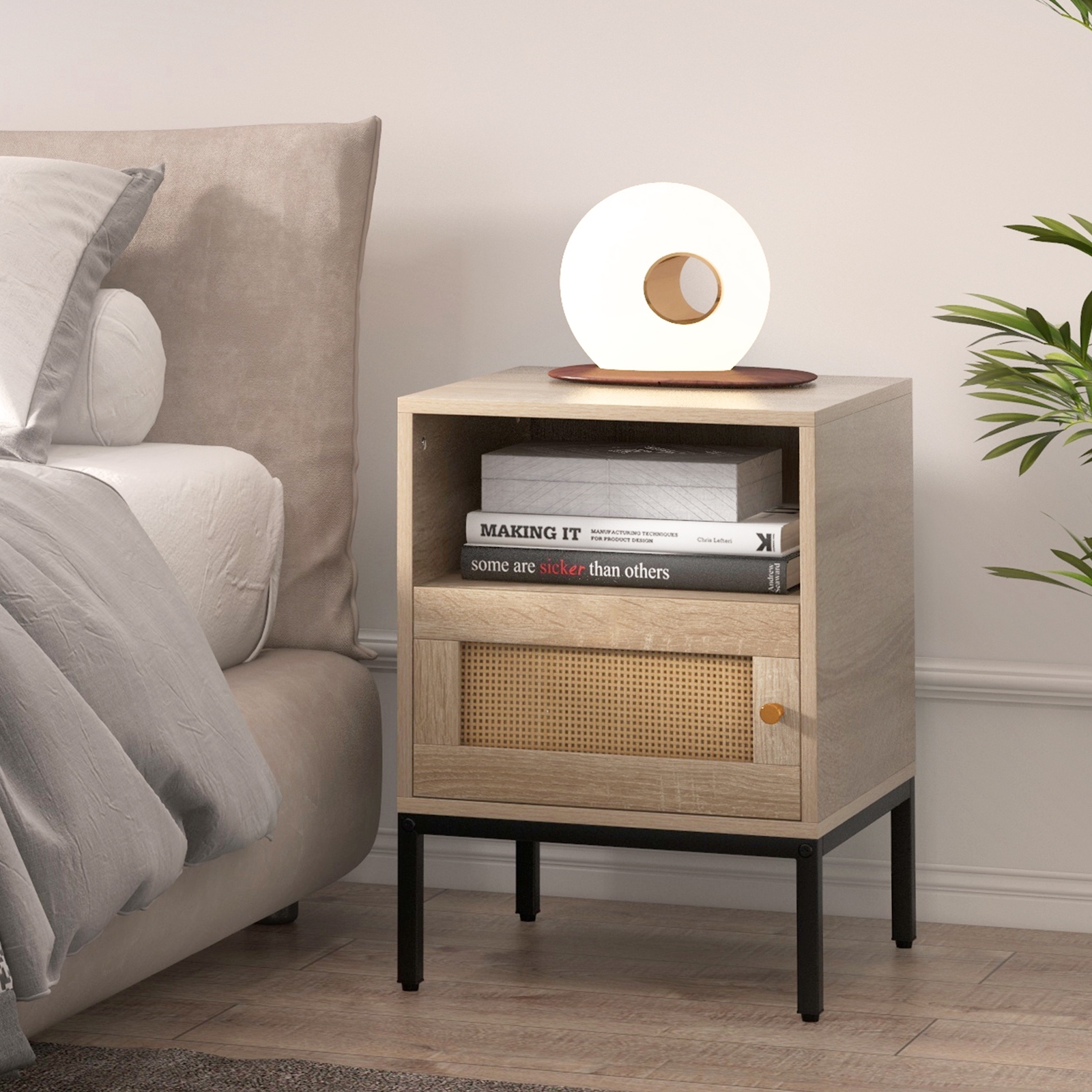 Boho stila akcenta galds ar atvērtu plauktu un vienu durvju skapīti, dabīgs - Image 2