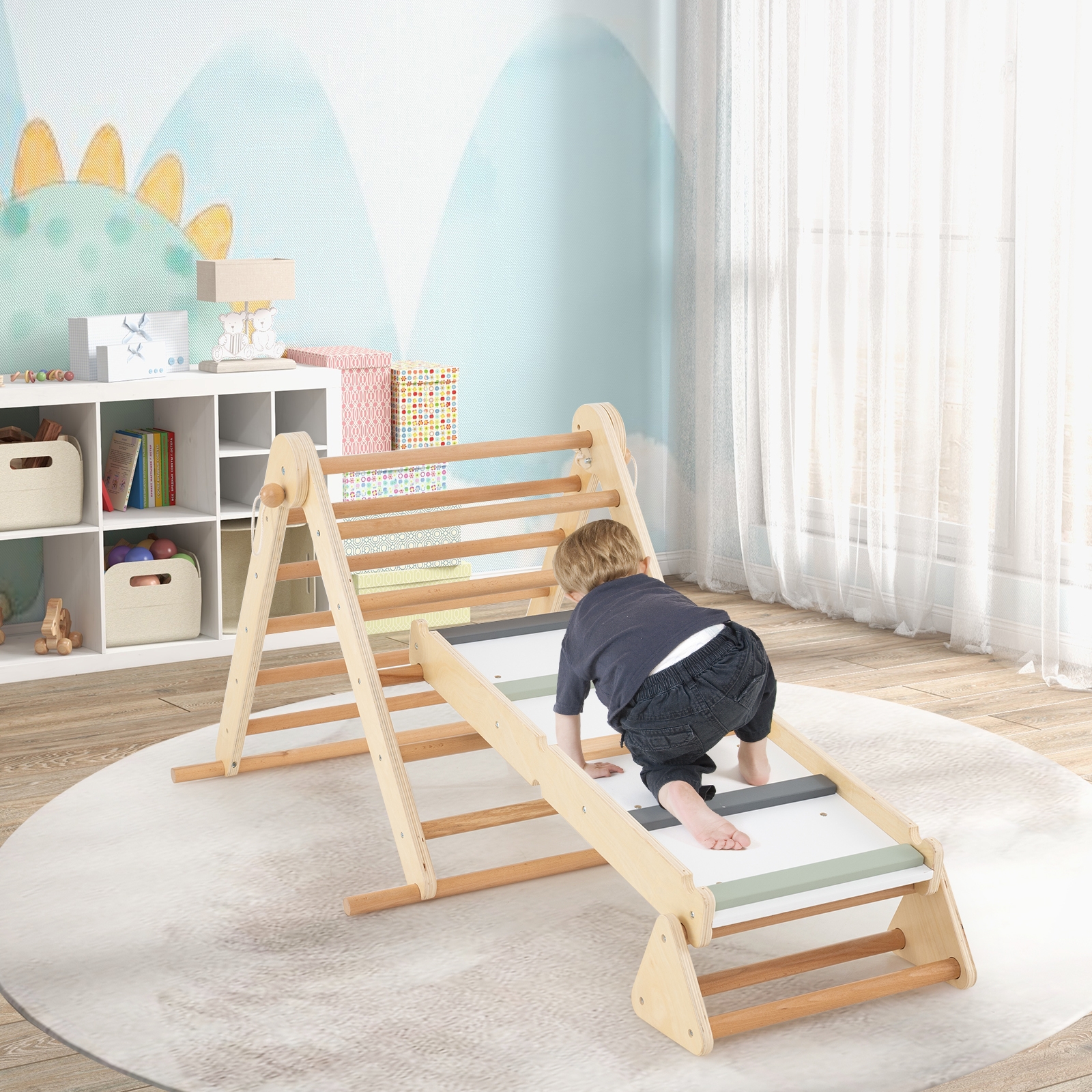 3-in-1 Pikler trikampis su rampa, natūrali spalva - Image 2
