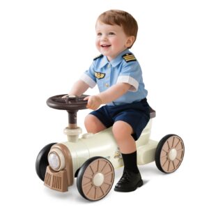 Lasten työnnettävä auto-juna äänipainikkeella ja säilytystilalla, beige
