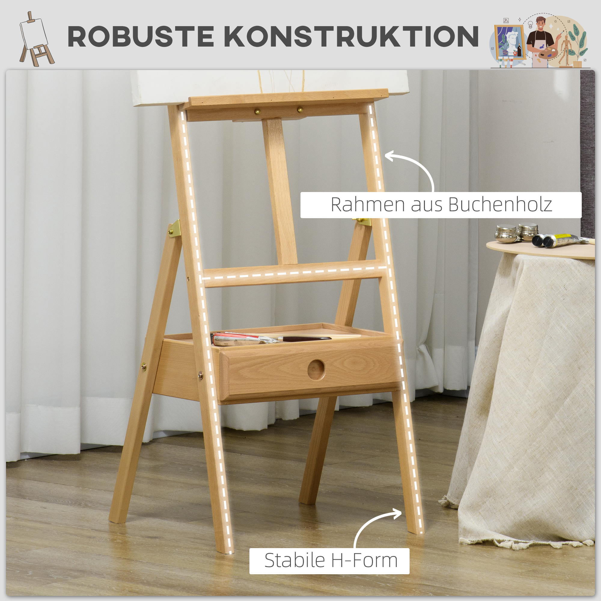 Maaliteline, säädettävä korkeus, 1 laatikko, luonnonväri, pyökkipuuta - Image 5