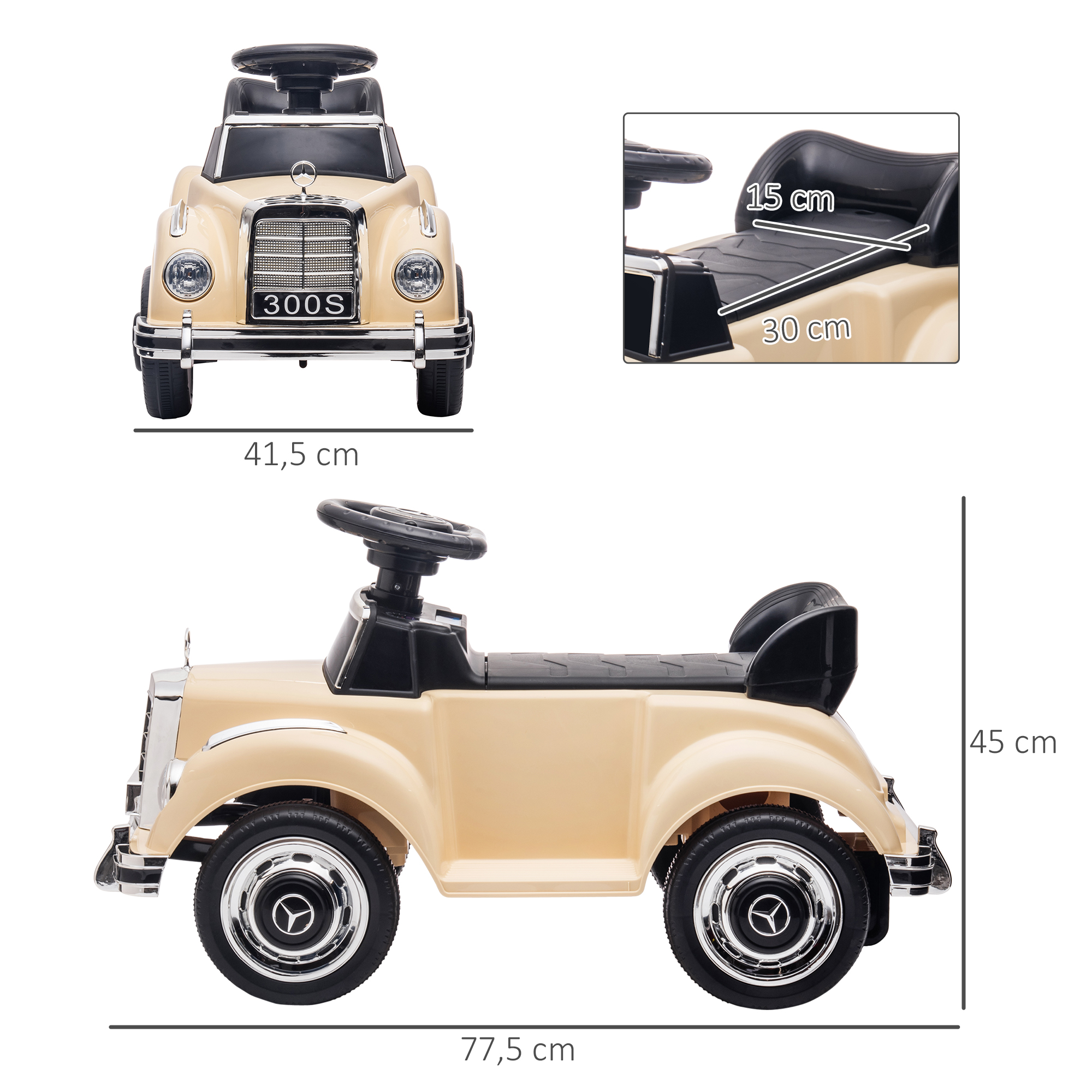 Vaikiškas stumiamas automobilis Mercedes-Benz 300S, smėlio spalvos, 77,5 x 41,5 x 45 cm - Image 3