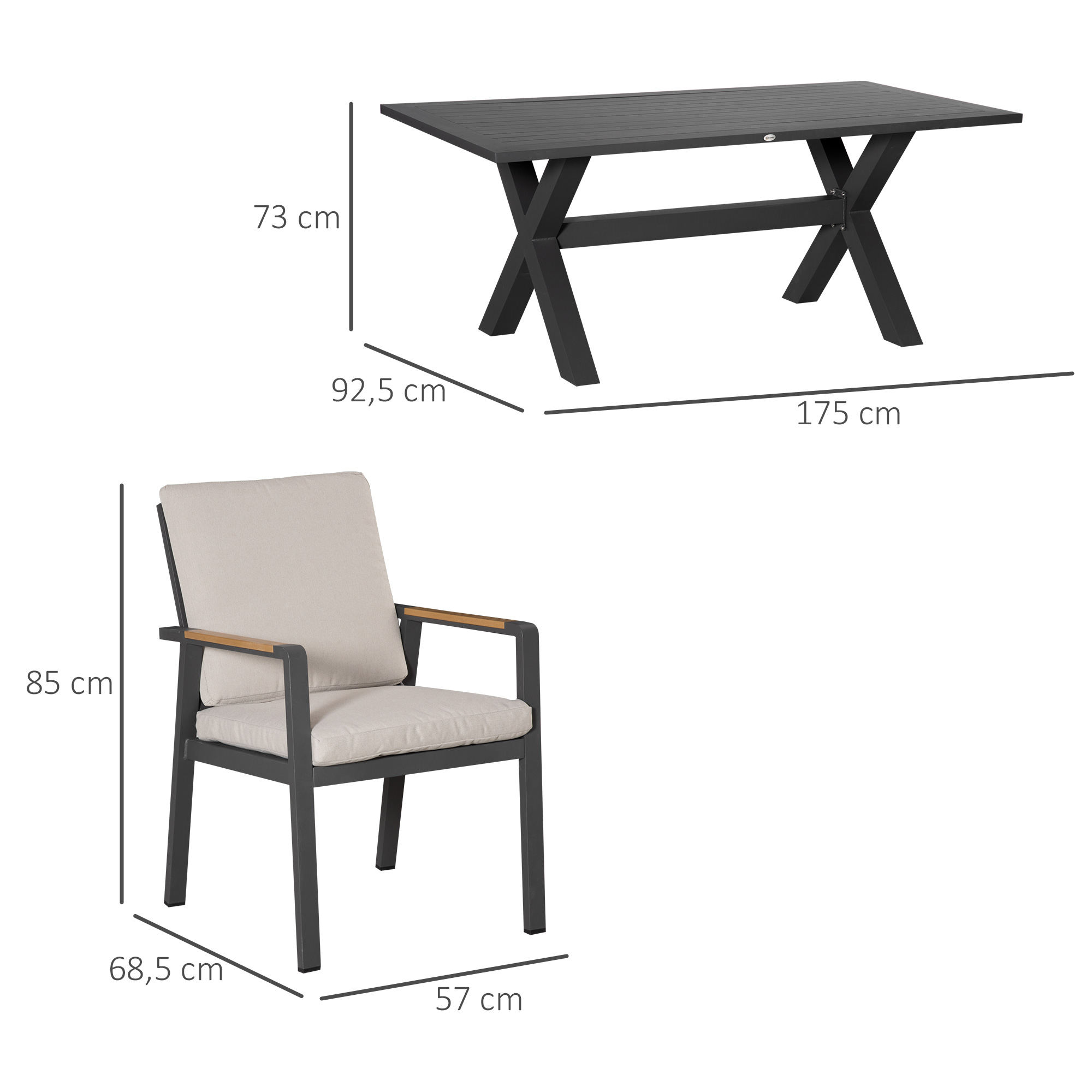 7 dalių sodo valgomojo komplektas 6 asmenims, pilkas, 175 x 92 x 73 cm - Image 3