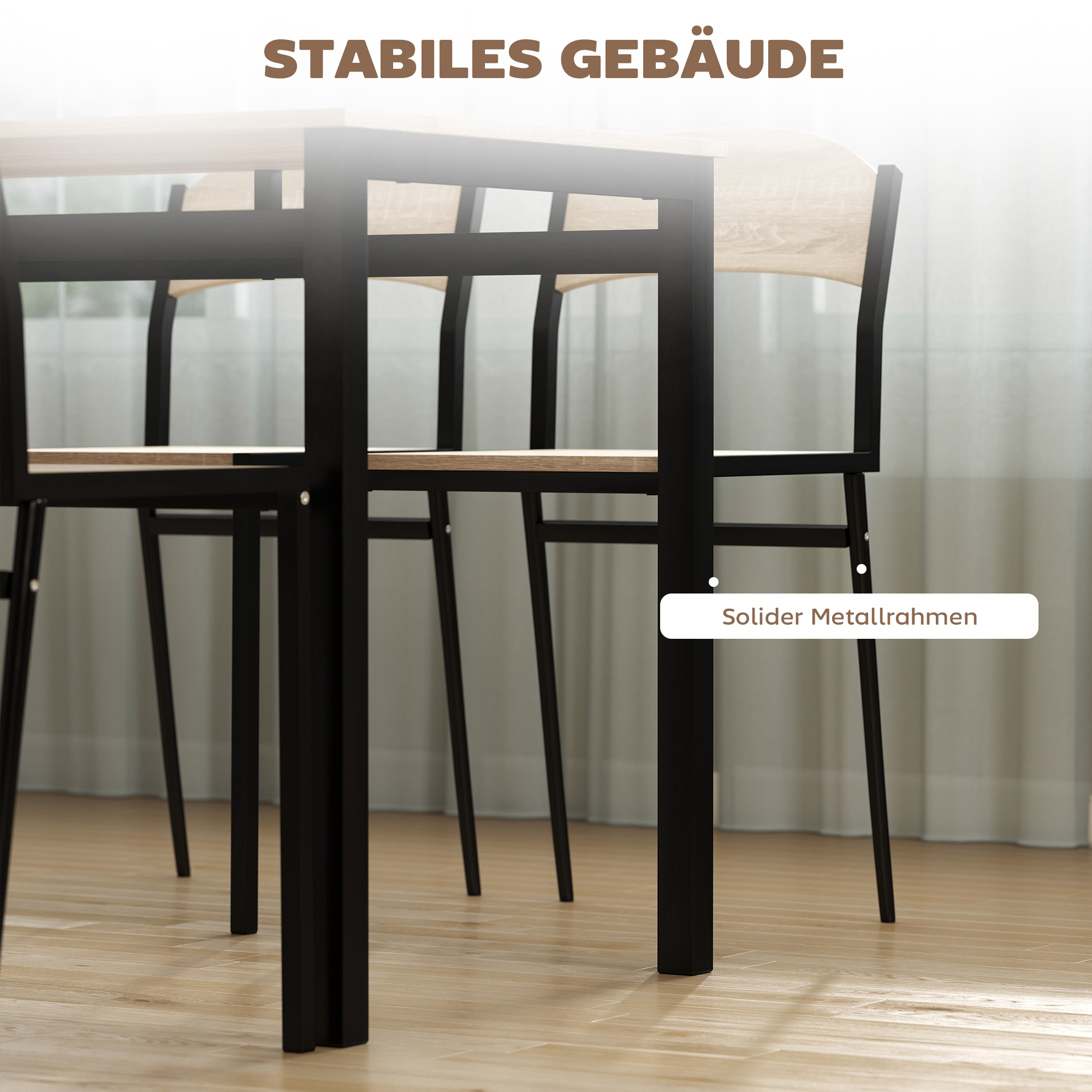 5 dalių valgomojo komplektas, valgomojo stalas su 4 kėdėmis, ąžuolo spalvos, MDF, metalas - Image 7