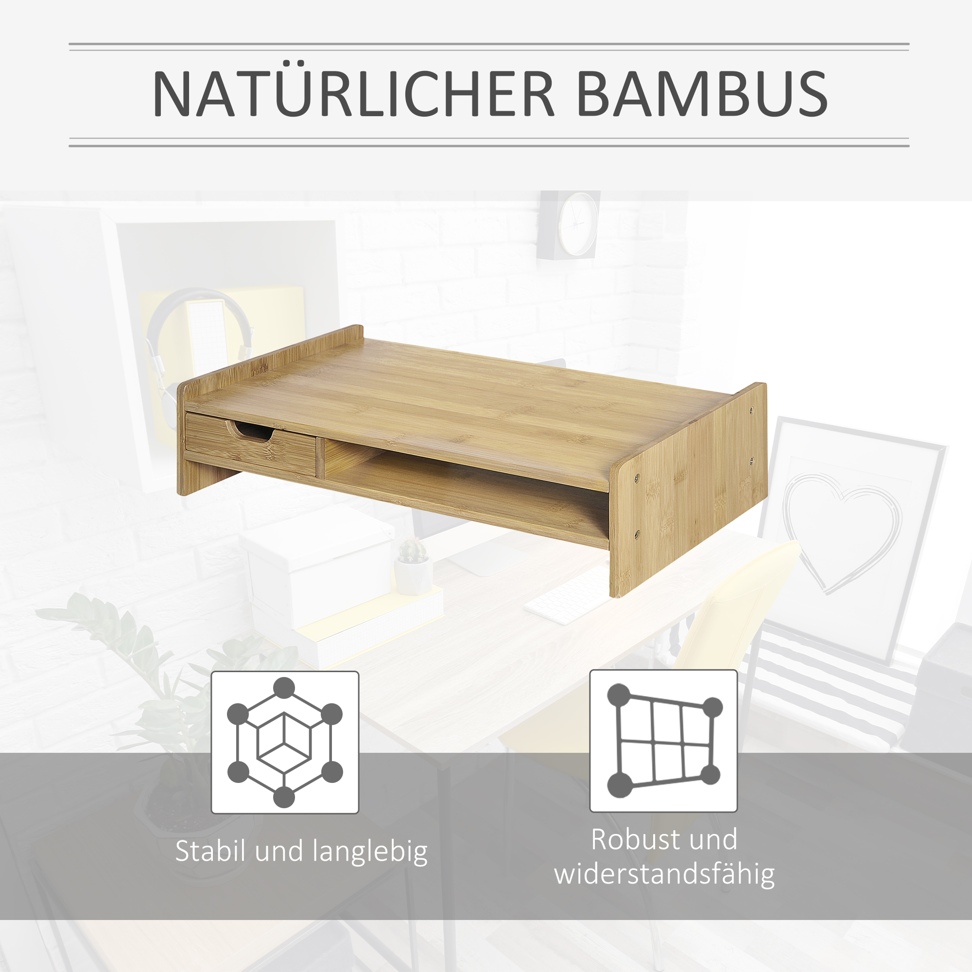 Näytönkoroke laatikolla, bambus, luonnollinen väri, 49 x 25,5 x 11,5 cm - Image 6